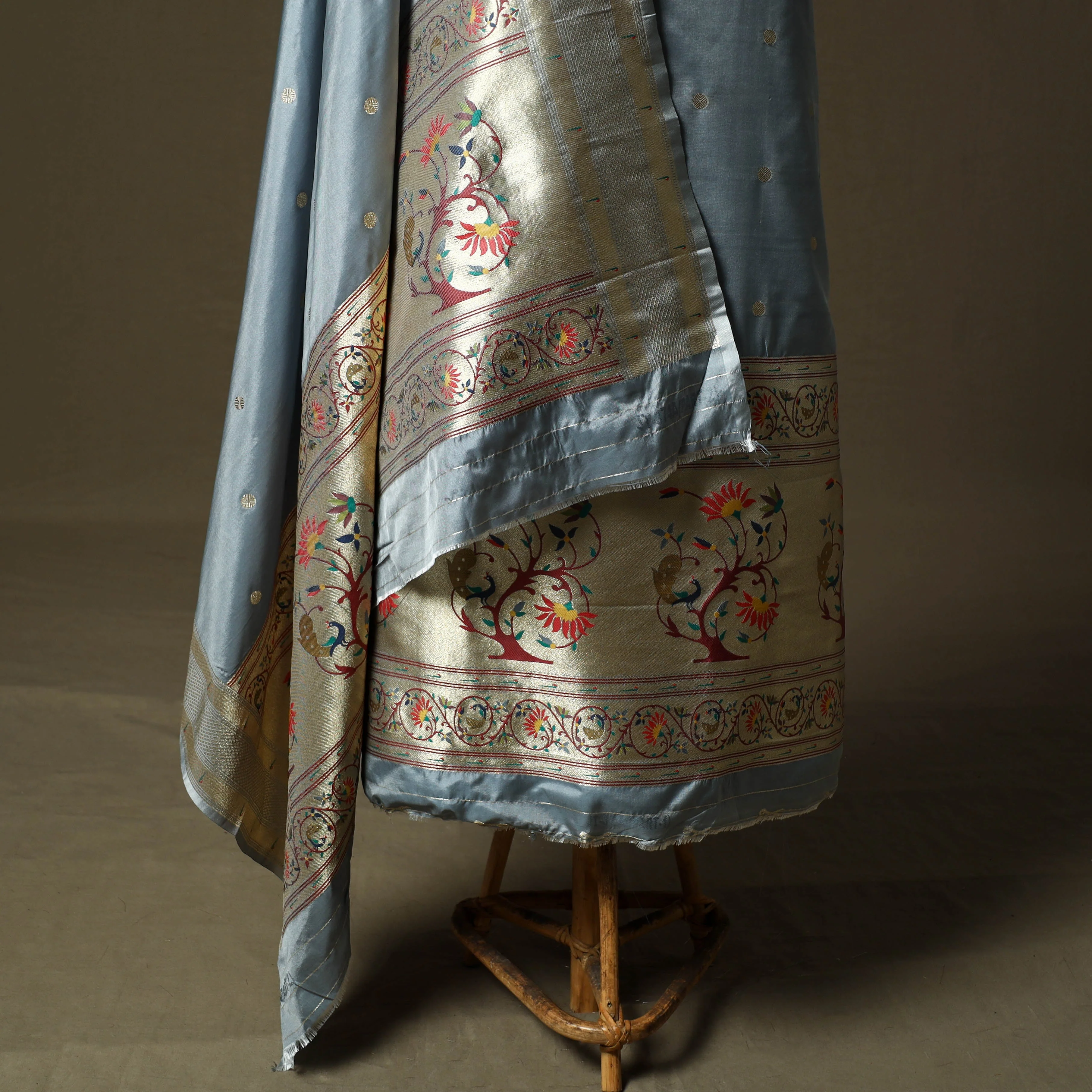 Grey - Bangalore Silk Paithani 3pc Unstitched Dress Material Suit Set 31 - Image 4
