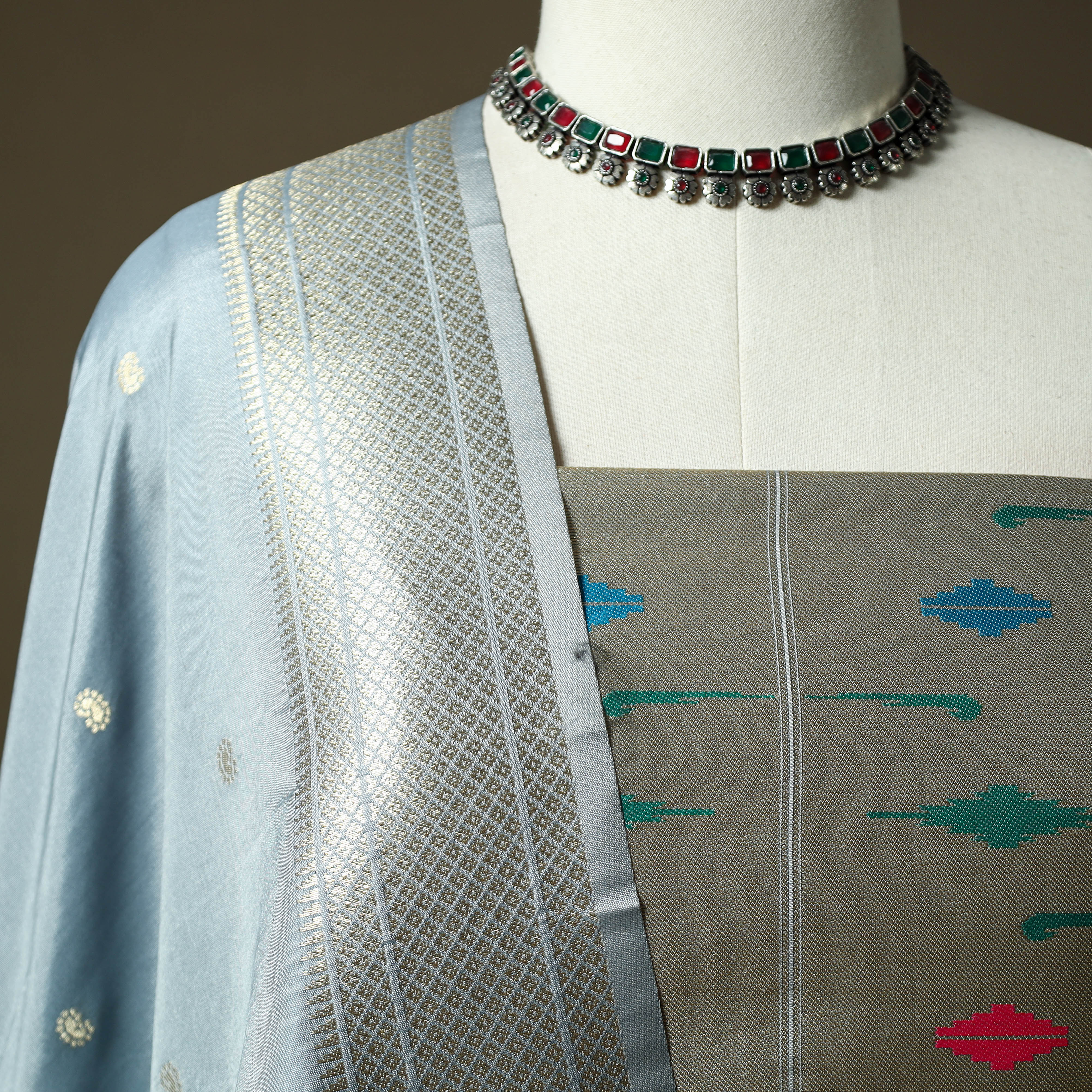 Grey - Bangalore Silk Paithani 3pc Unstitched Dress Material Suit Set 34 - Image 3