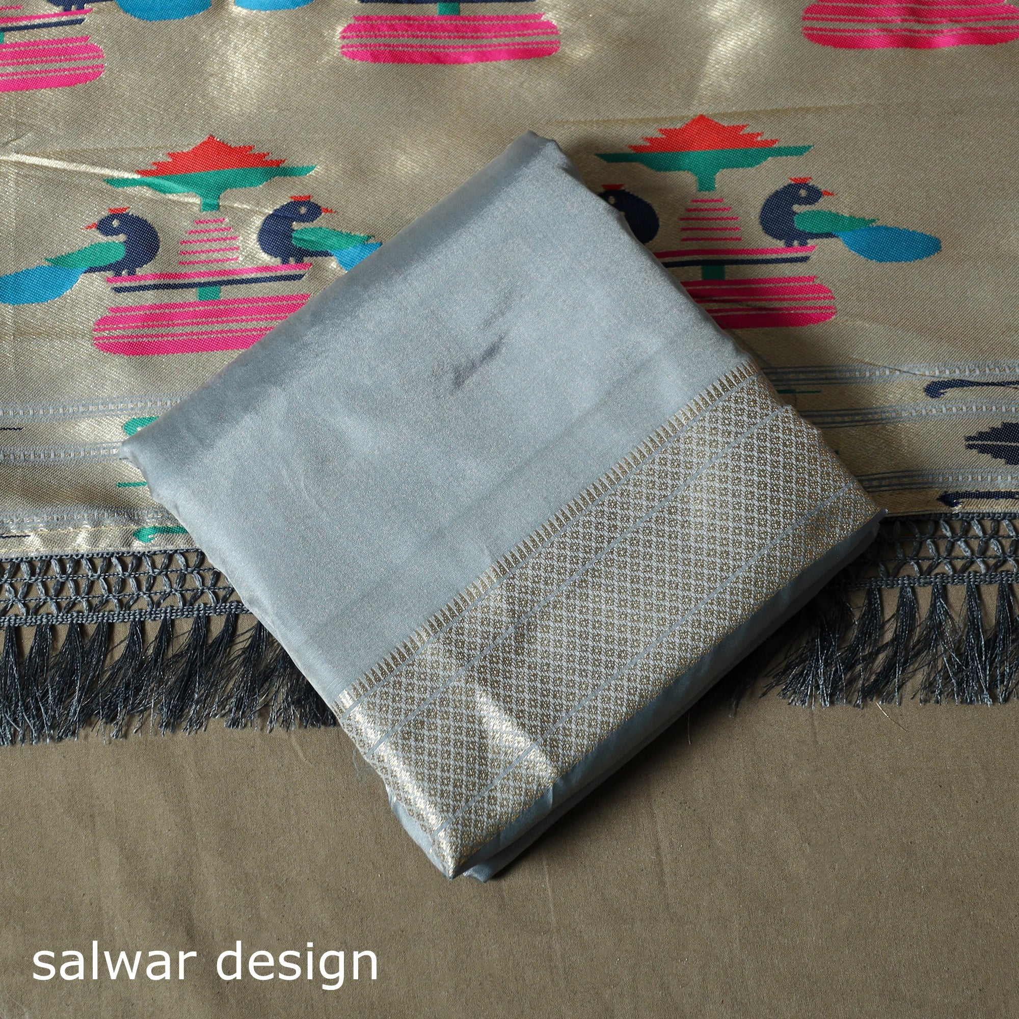 Grey - Bangalore Silk Paithani 3pc Unstitched Dress Material Suit Set 34 - Image 5