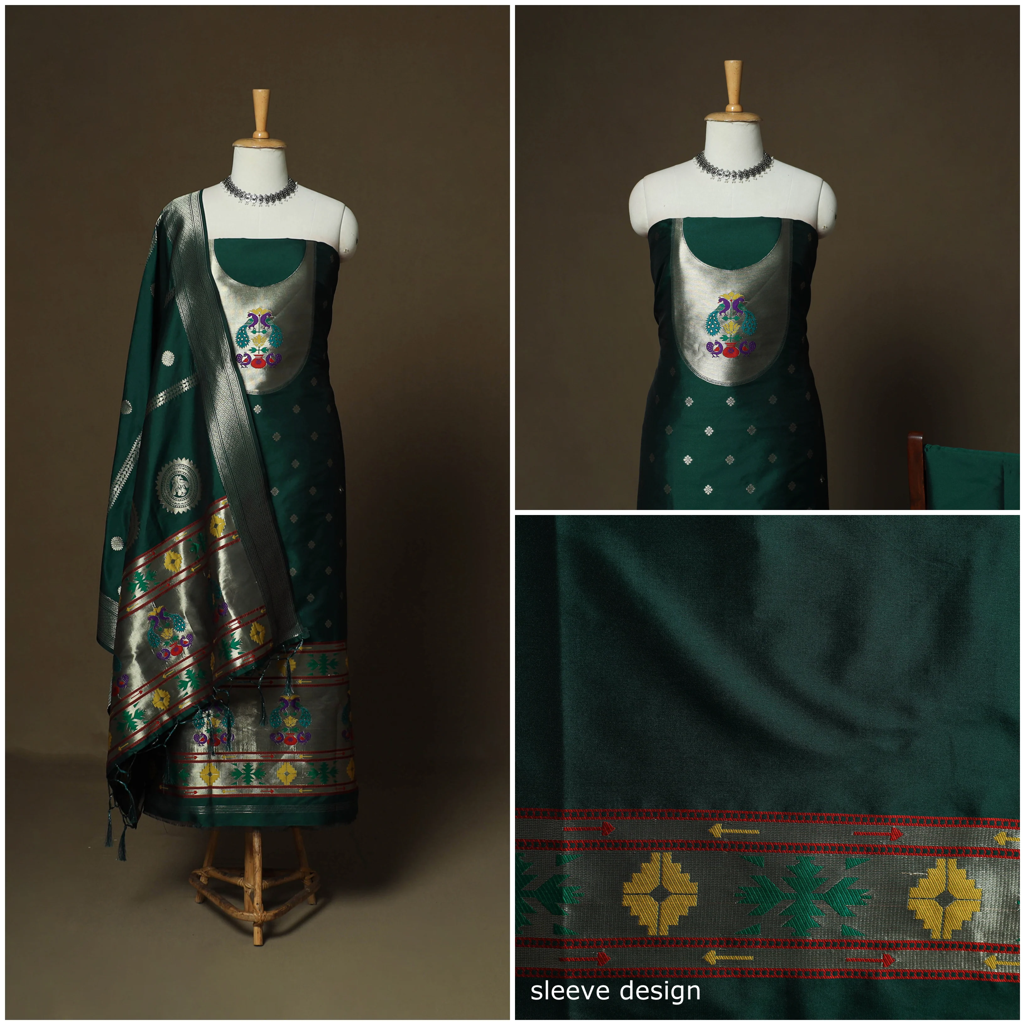 Green - Bangalore Silk Paithani Weave 3pc Unstitched Dress Material Suit Set 01 - Image 3