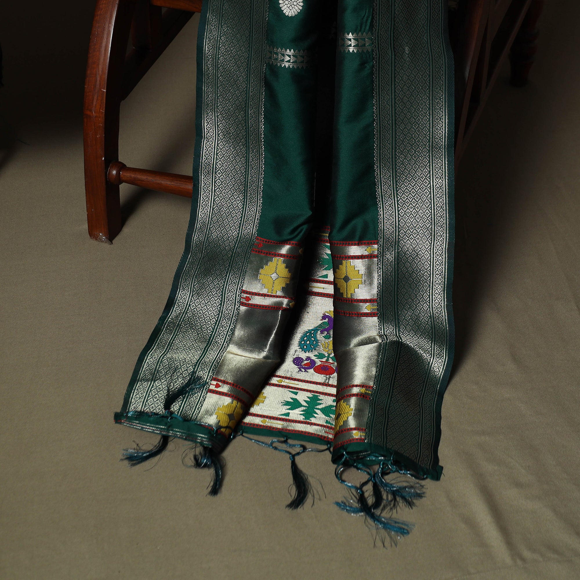 Green - Bangalore Silk Paithani Weave 3pc Unstitched Dress Material Suit Set 01 - Image 4