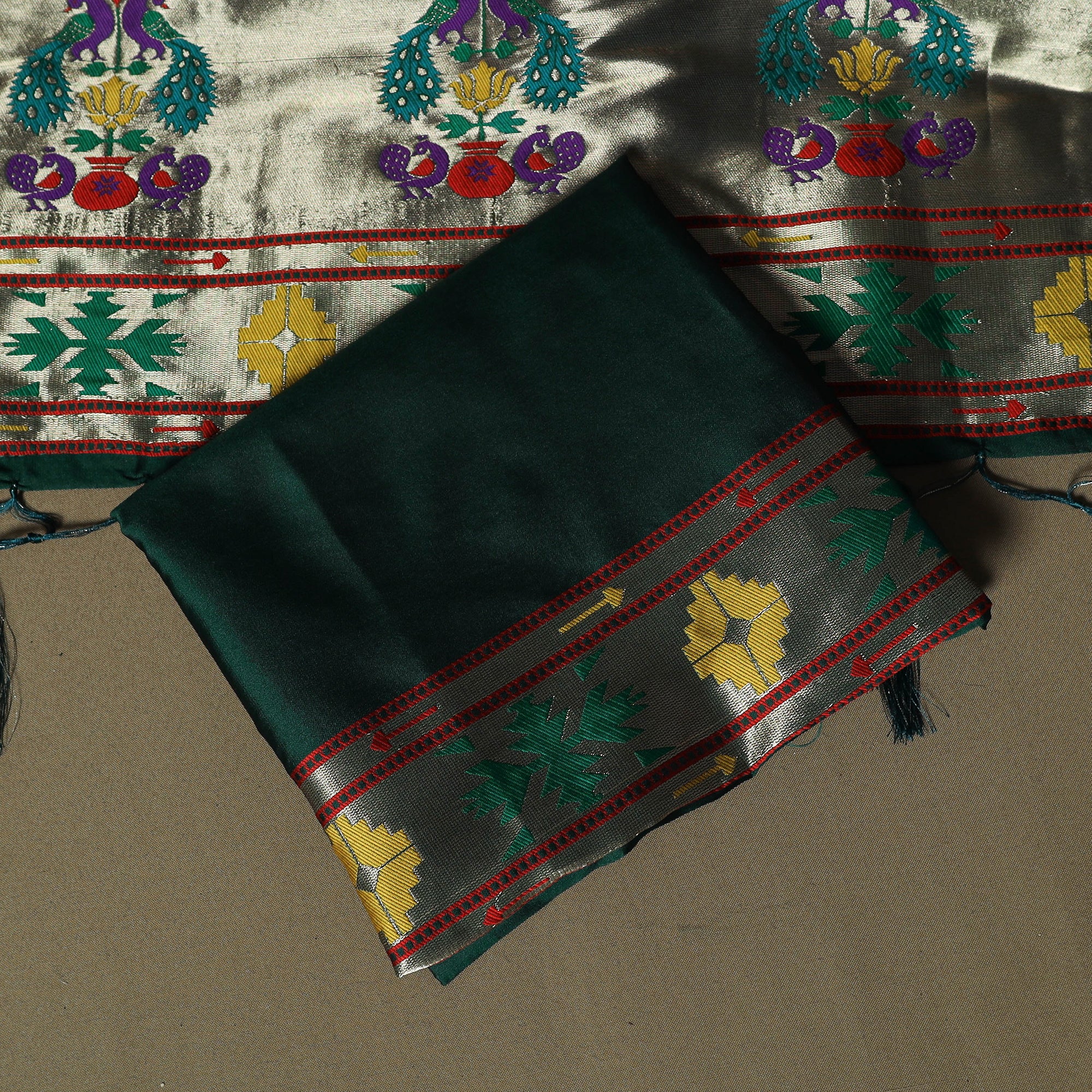 Green - Bangalore Silk Paithani Weave 3pc Unstitched Dress Material Suit Set 01 - Image 5