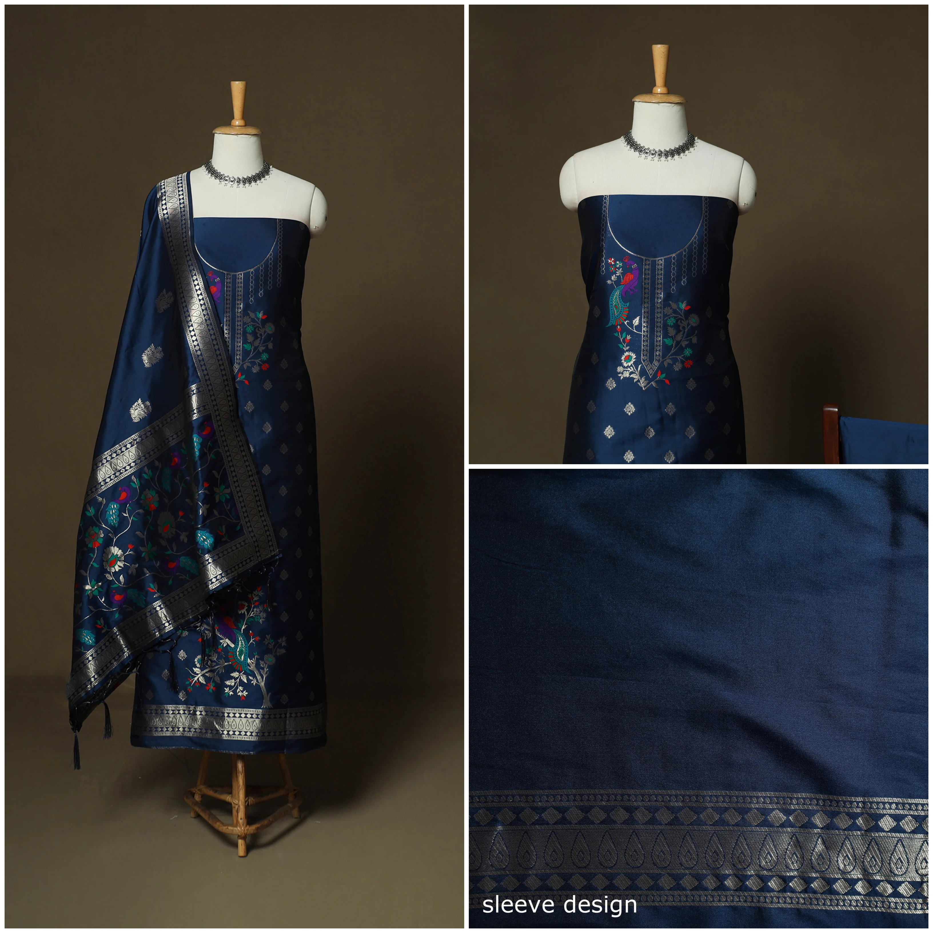 Blue - Bangalore Silk Paithani Weave 3pc Unstitched Dress Material Suit Set 05 - Image 3