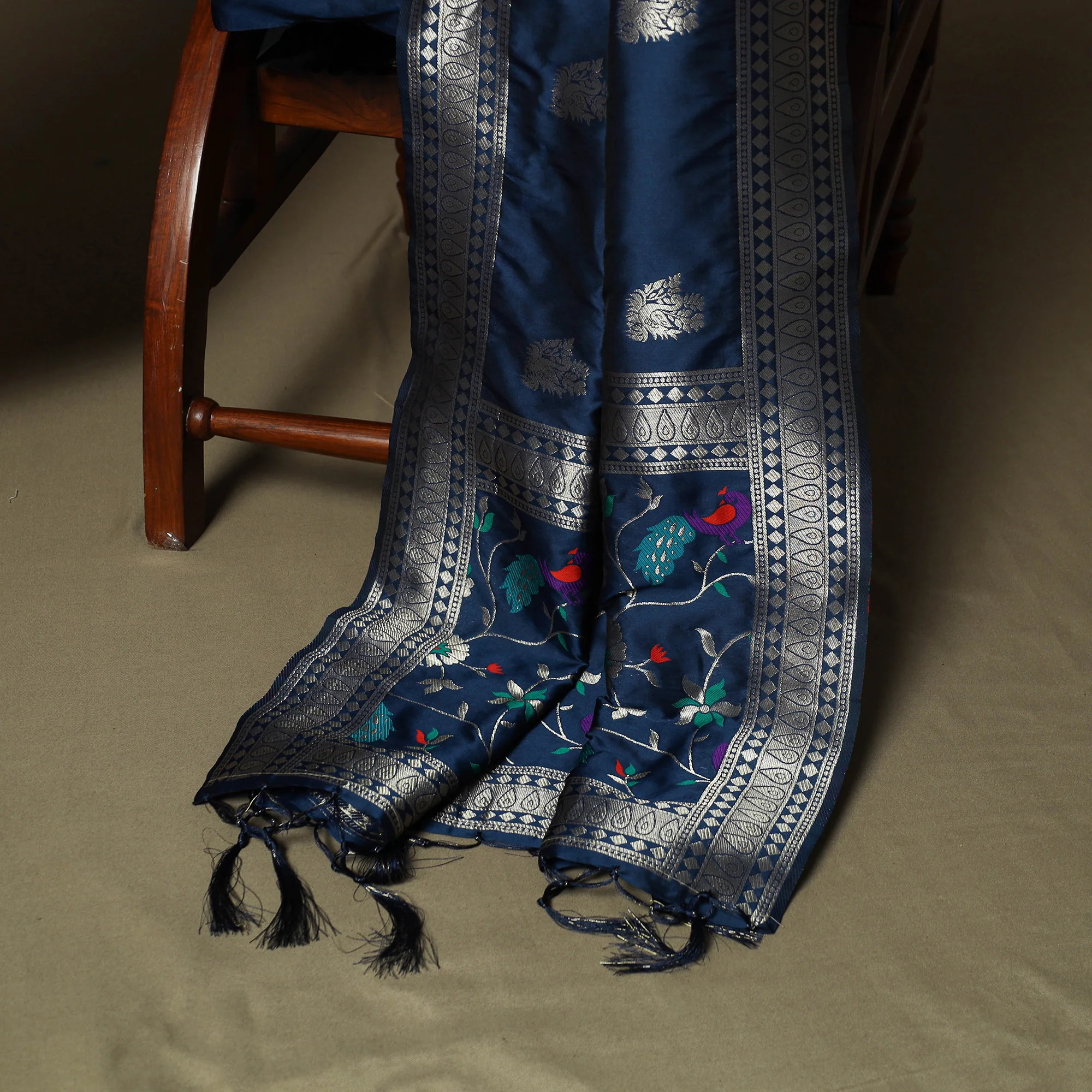Blue - Bangalore Silk Paithani Weave 3pc Unstitched Dress Material Suit Set 05 - Image 4
