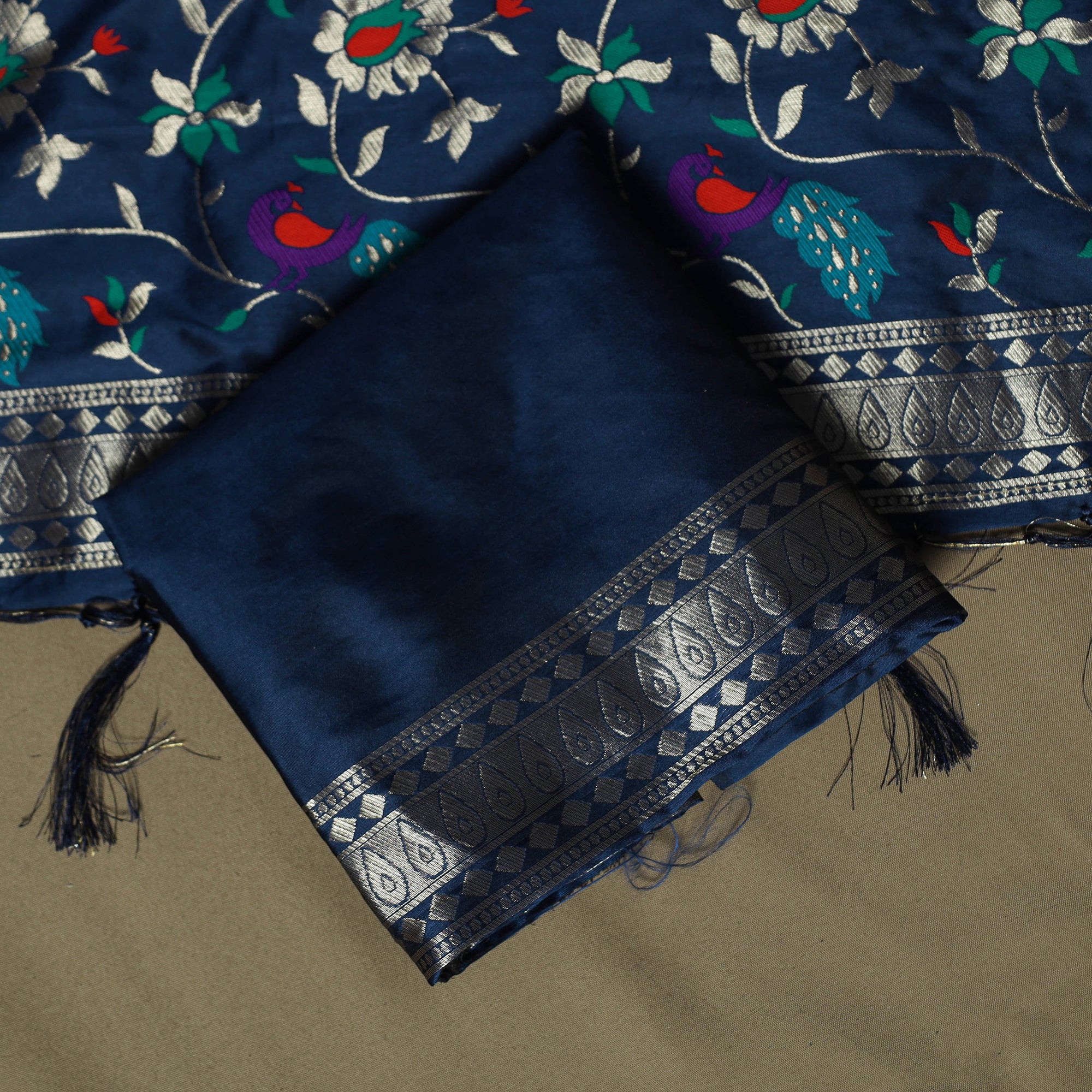 Blue - Bangalore Silk Paithani Weave 3pc Unstitched Dress Material Suit Set 05 - Image 5