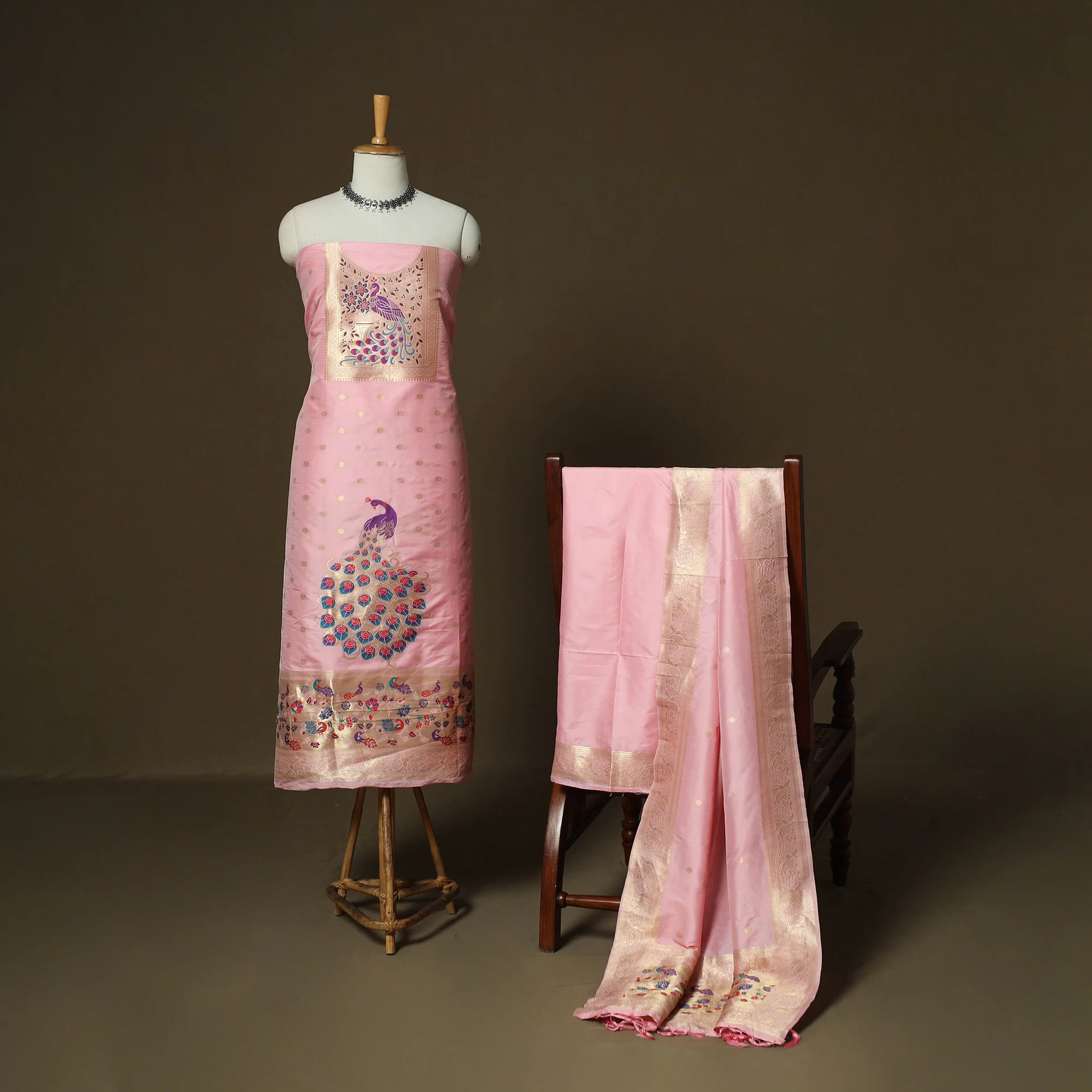 Pink - Bangalore Silk Paithani Weave 3pc Unstitched Dress Material Suit Set 14 - Image 2