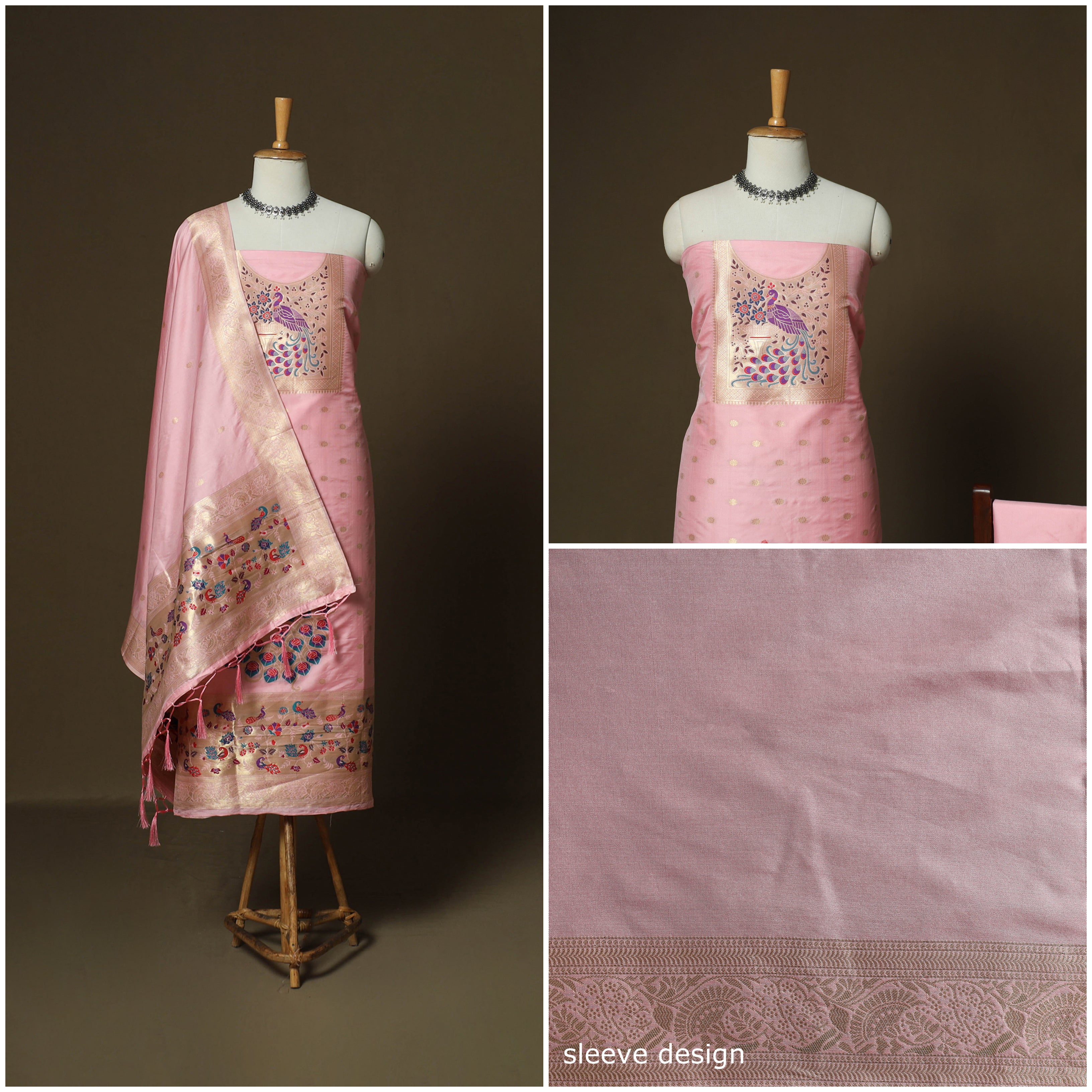 Pink - Bangalore Silk Paithani Weave 3pc Unstitched Dress Material Suit Set 14 - Image 3