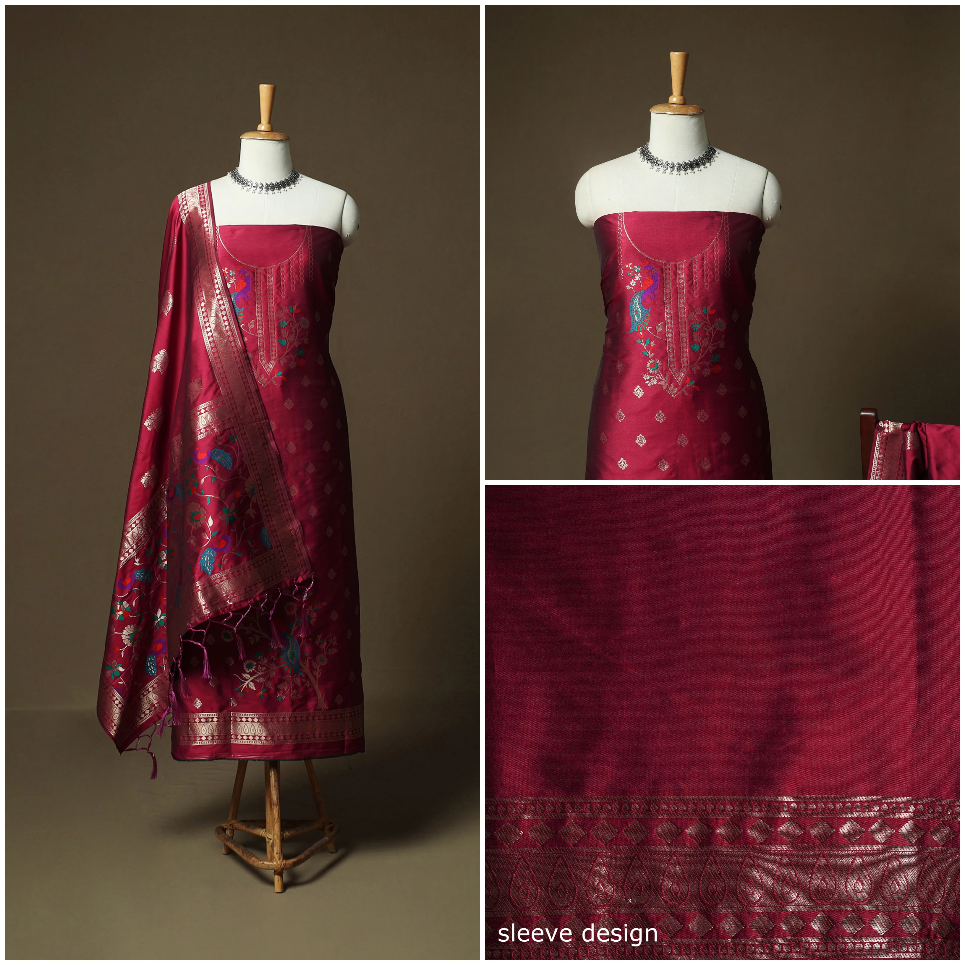 Red - Bangalore Silk Paithani Weave 3pc Unstitched Dress Material Suit Set 15 - Image 3
