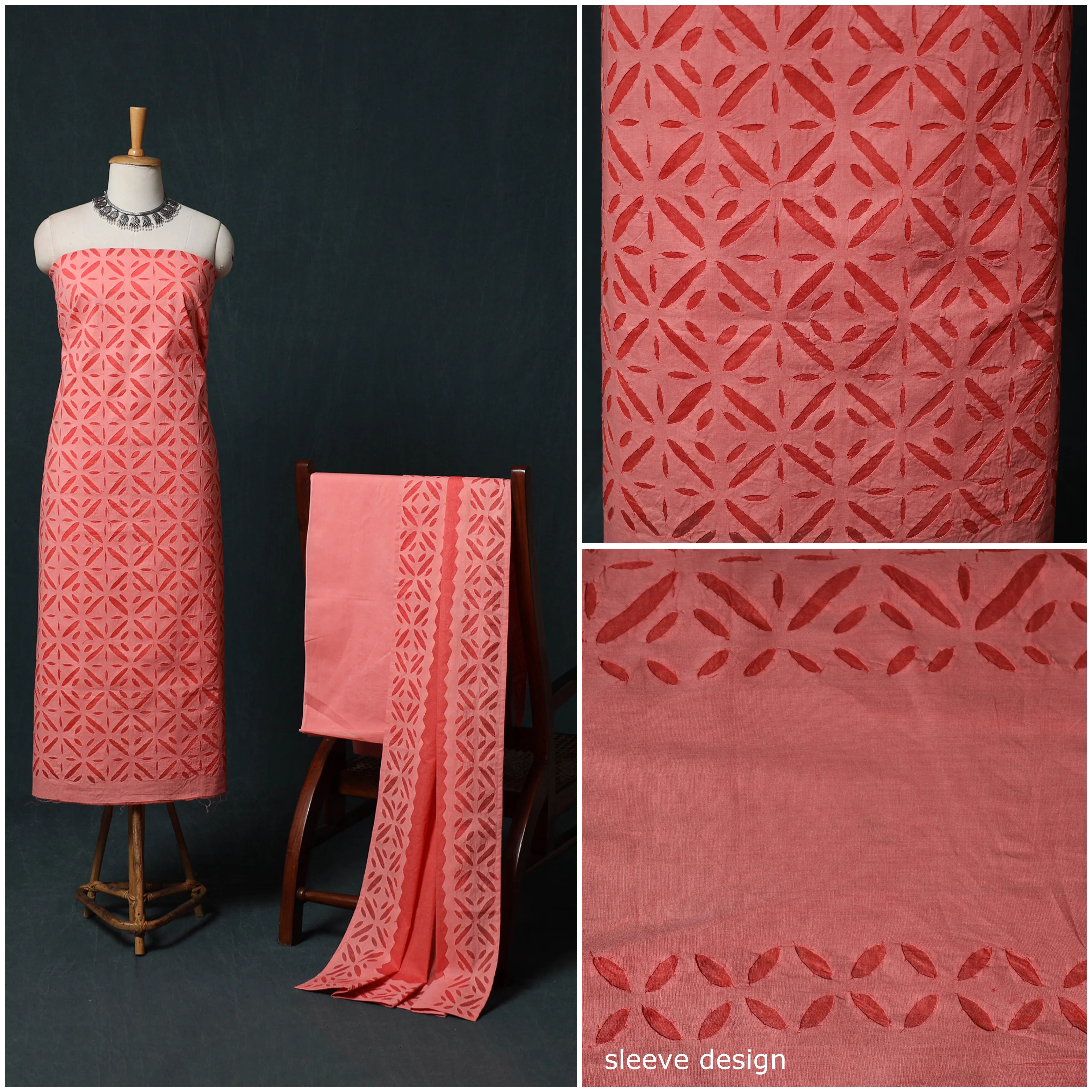 Peach - Barmer Applique Cutwork Cotton 3pc Unstitched Dress Material Suit Set 09 - Image 3
