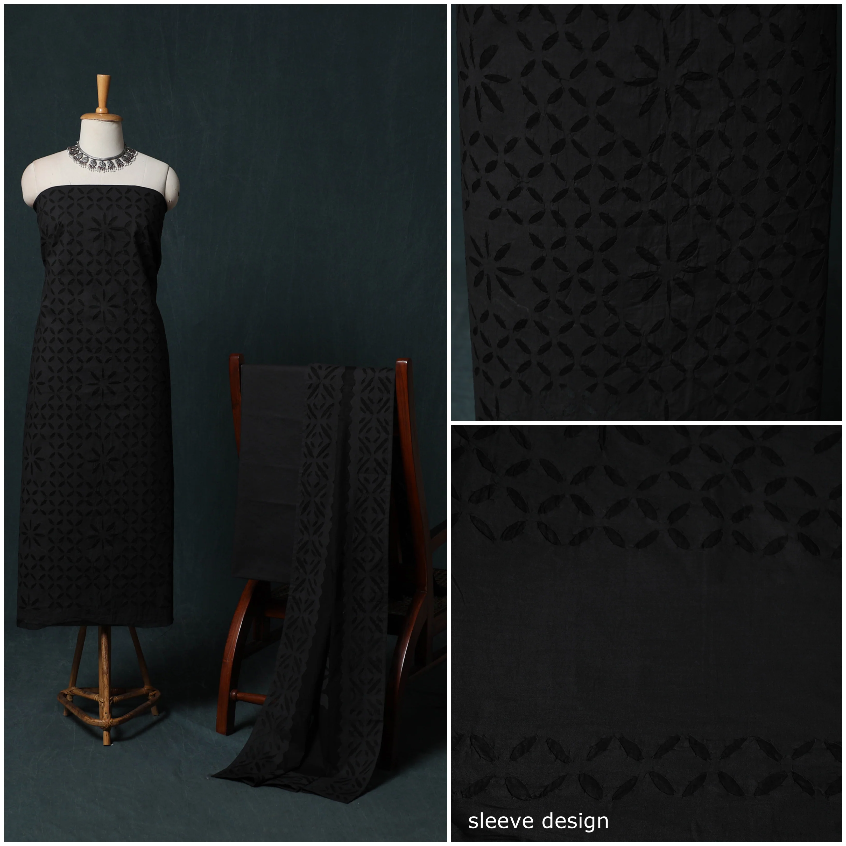 Black - Barmer Applique Cutwork Cotton 3pc Unstitched Dress Material Suit Set 10 - Image 3