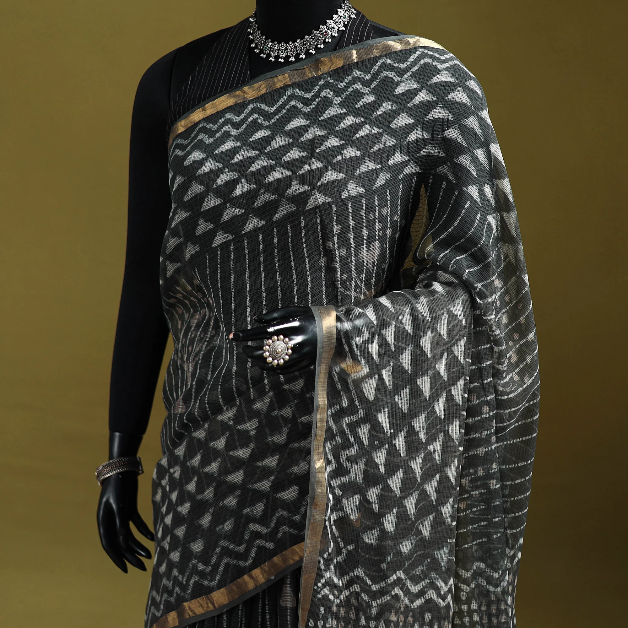 Black - Batik Hand Block Print Kota Doria Cotton Saree 46 - Image 2