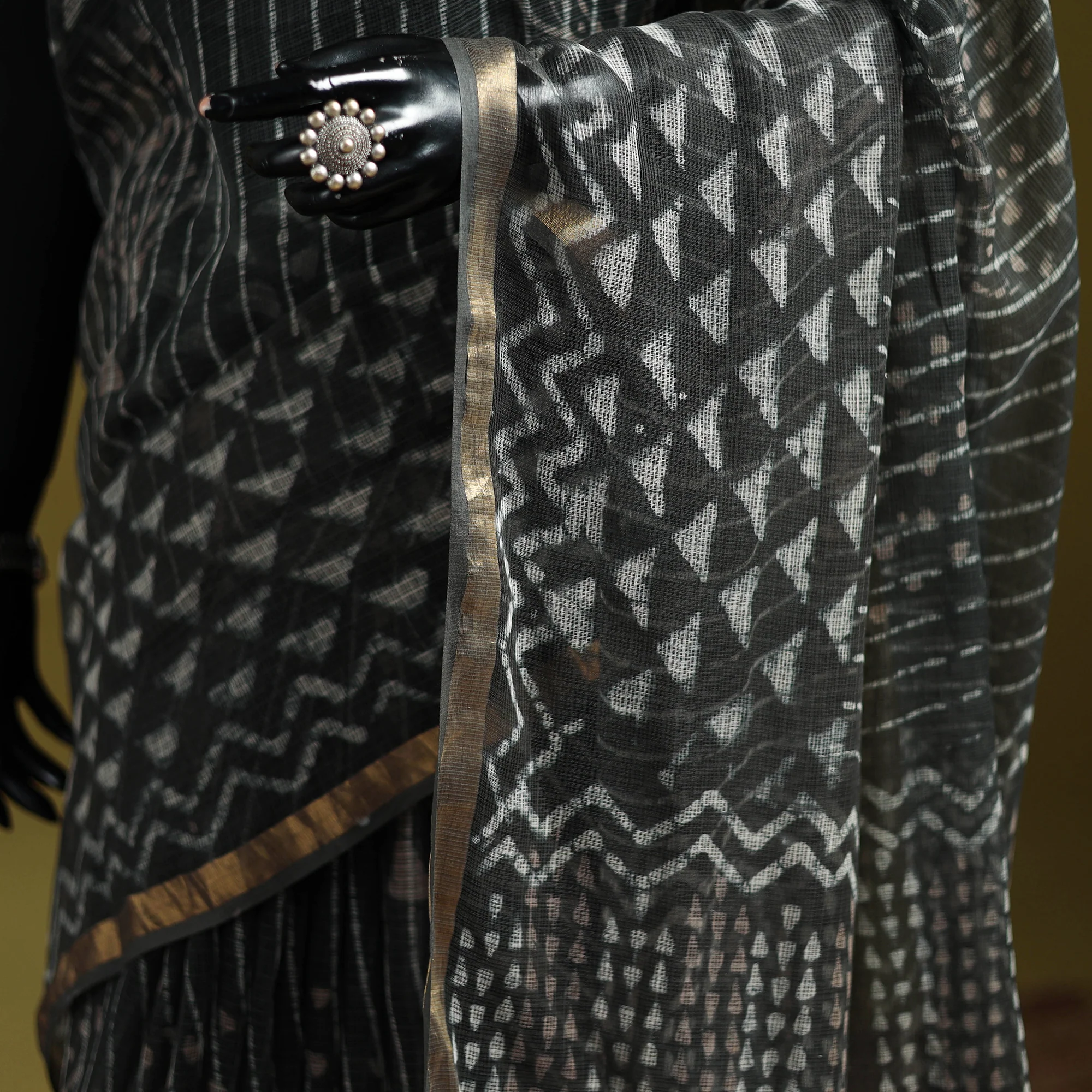 Black - Batik Hand Block Print Kota Doria Cotton Saree 46 - Image 3