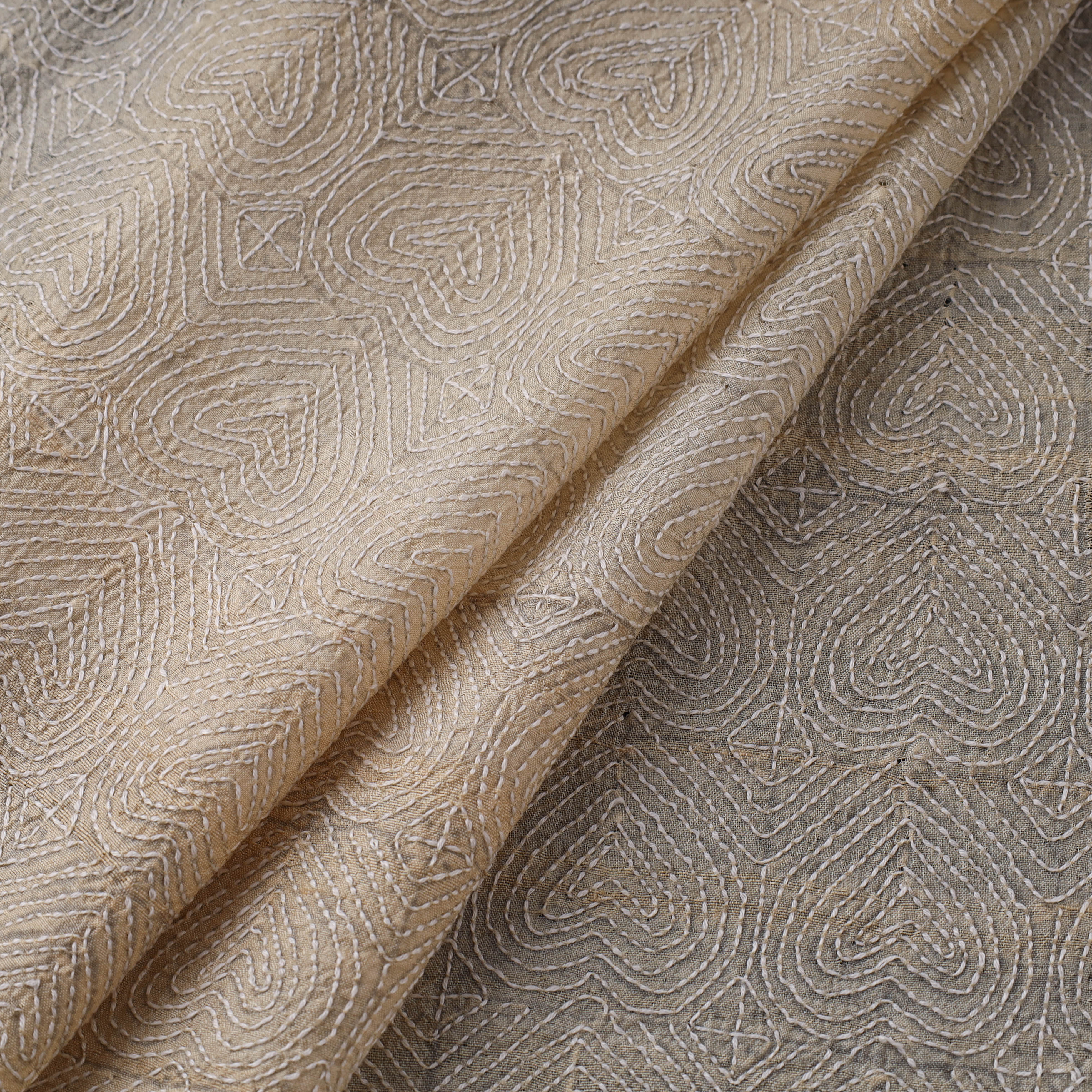 Beige - Bengal Hand Embroidery Pure Tussar Silk Handloom Kantha Fabric 08 - Image 2