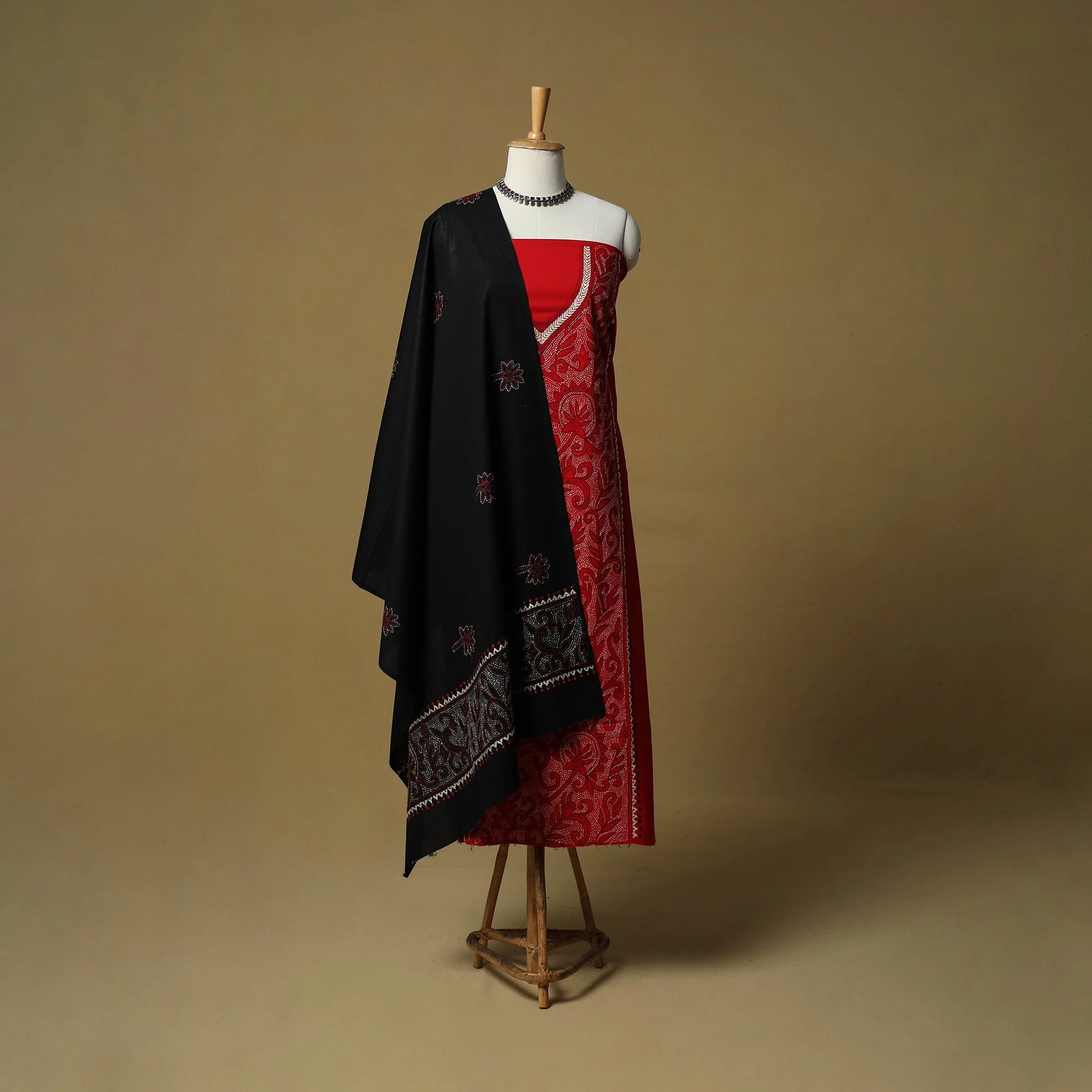 Red - Bengal Kantha Hand Embroidered Cotton 3pc Unstitched Dress Material Suit Set 01 - Image 2