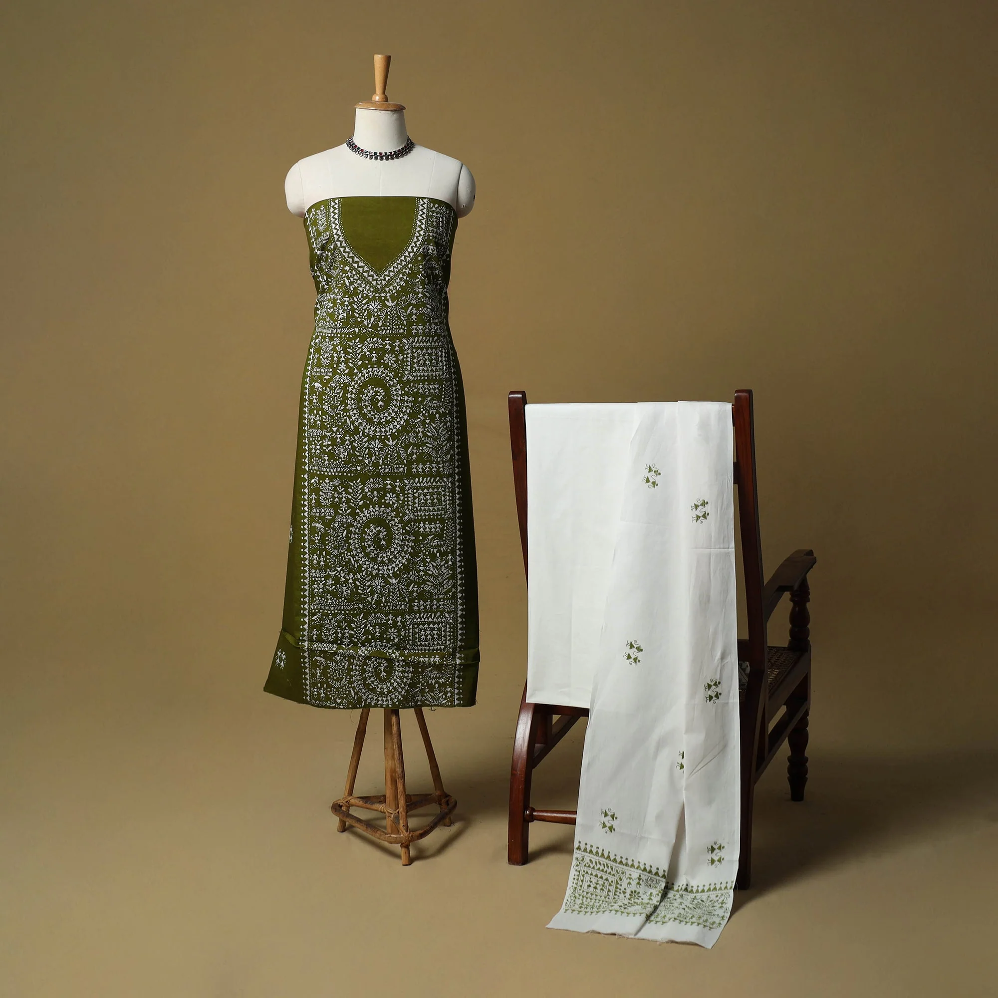 Green - Bengal Kantha Hand Embroidered Cotton 3pc Unstitched Dress Material Suit Set 05