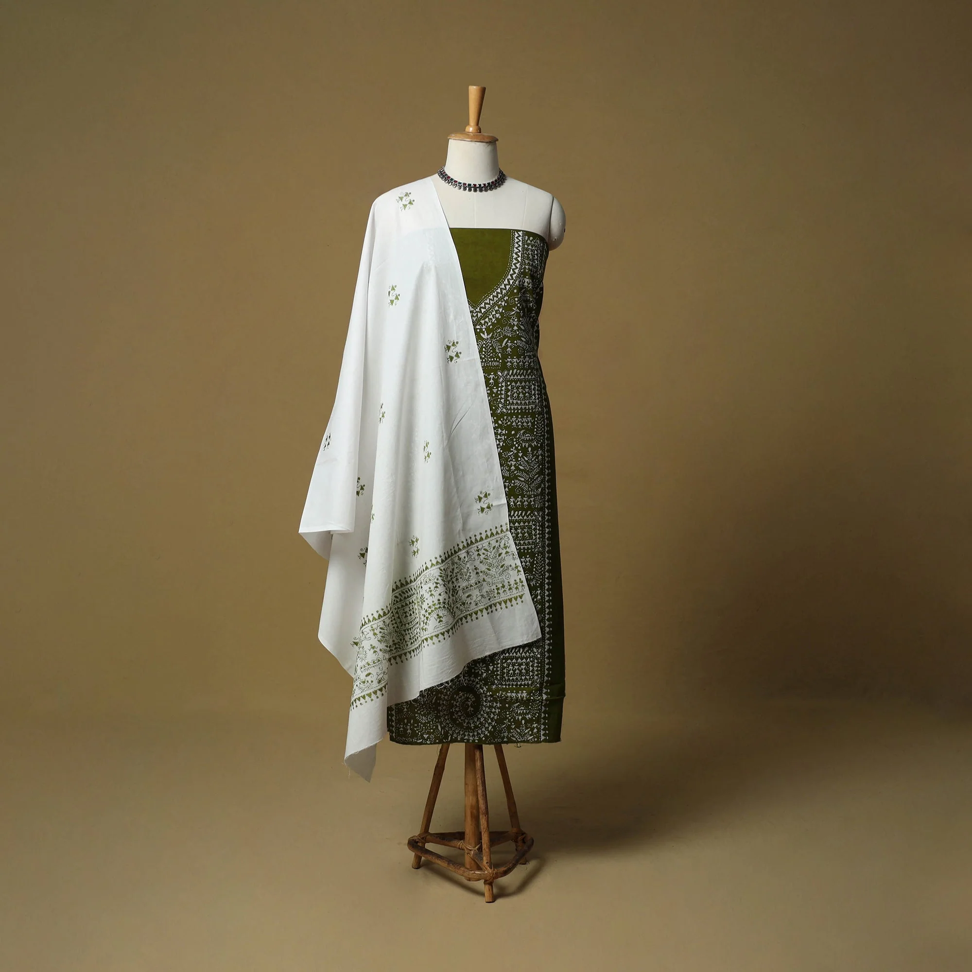 Green - Bengal Kantha Hand Embroidered Cotton 3pc Unstitched Dress Material Suit Set 05 - Image 2