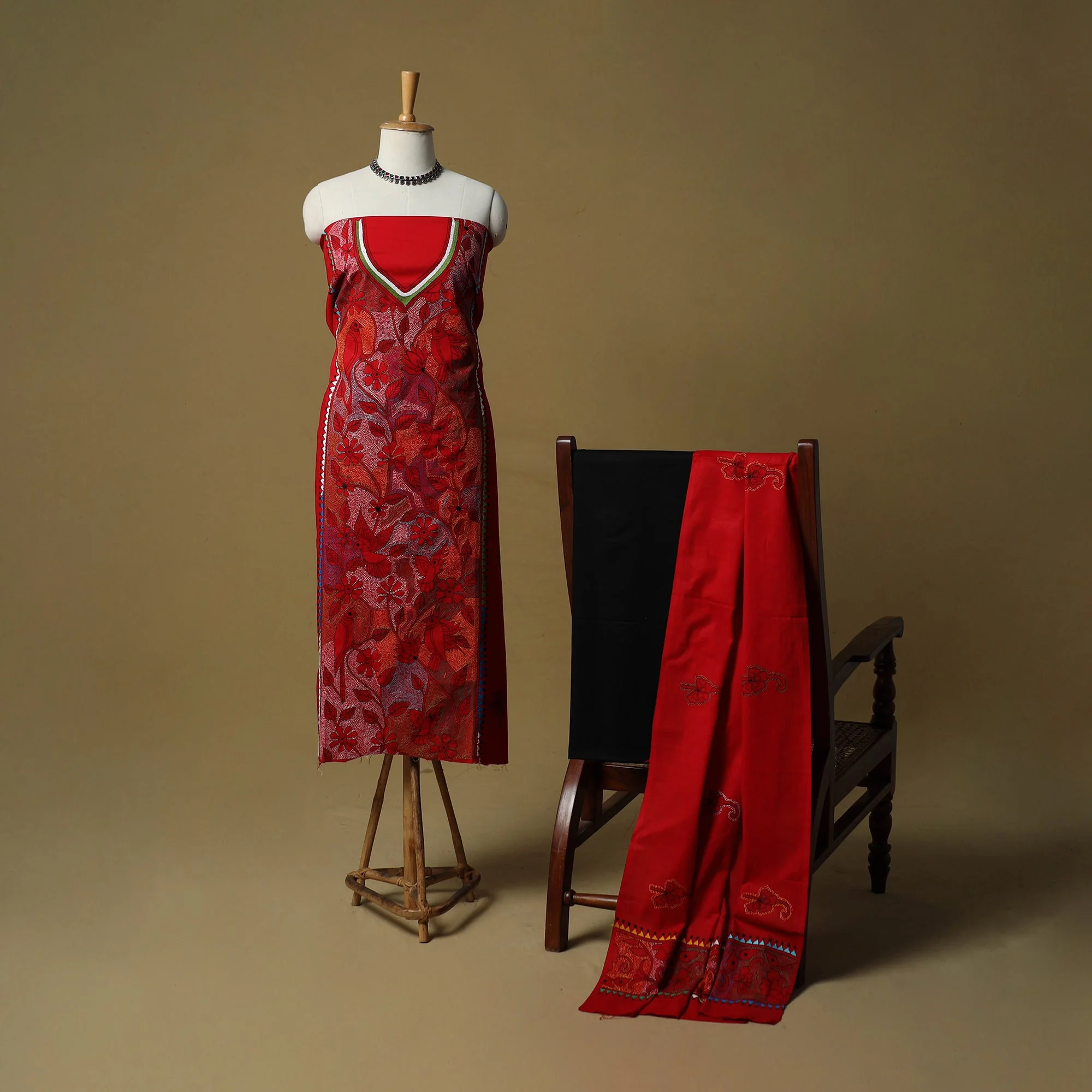 Red - Bengal Kantha Hand Embroidered Cotton 3pc Unstitched Dress Material Suit Set  13