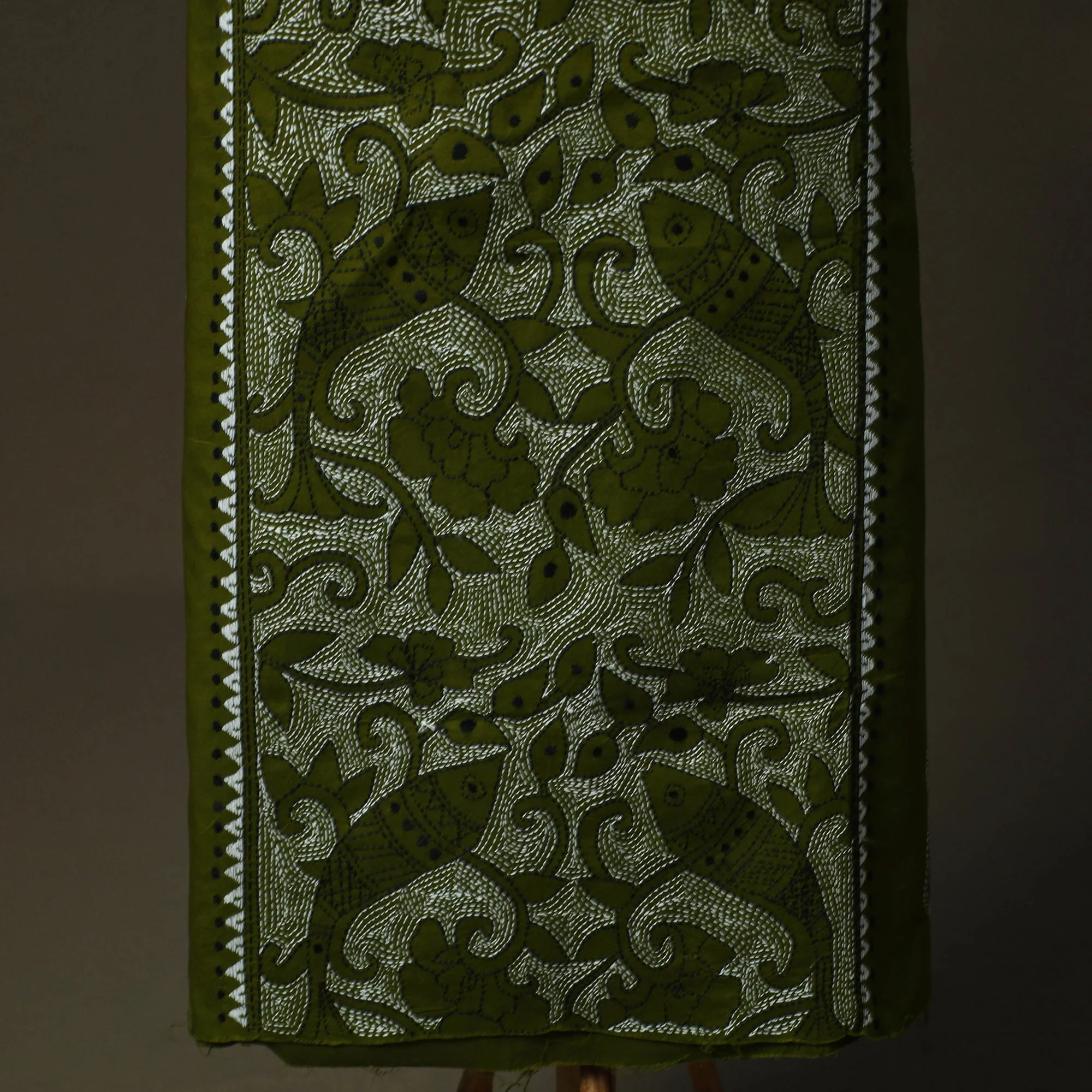 Green - Bengal Kantha Hand Embroidered Cotton Unstitched Kurta Material (2.5M) 06 - Image 3