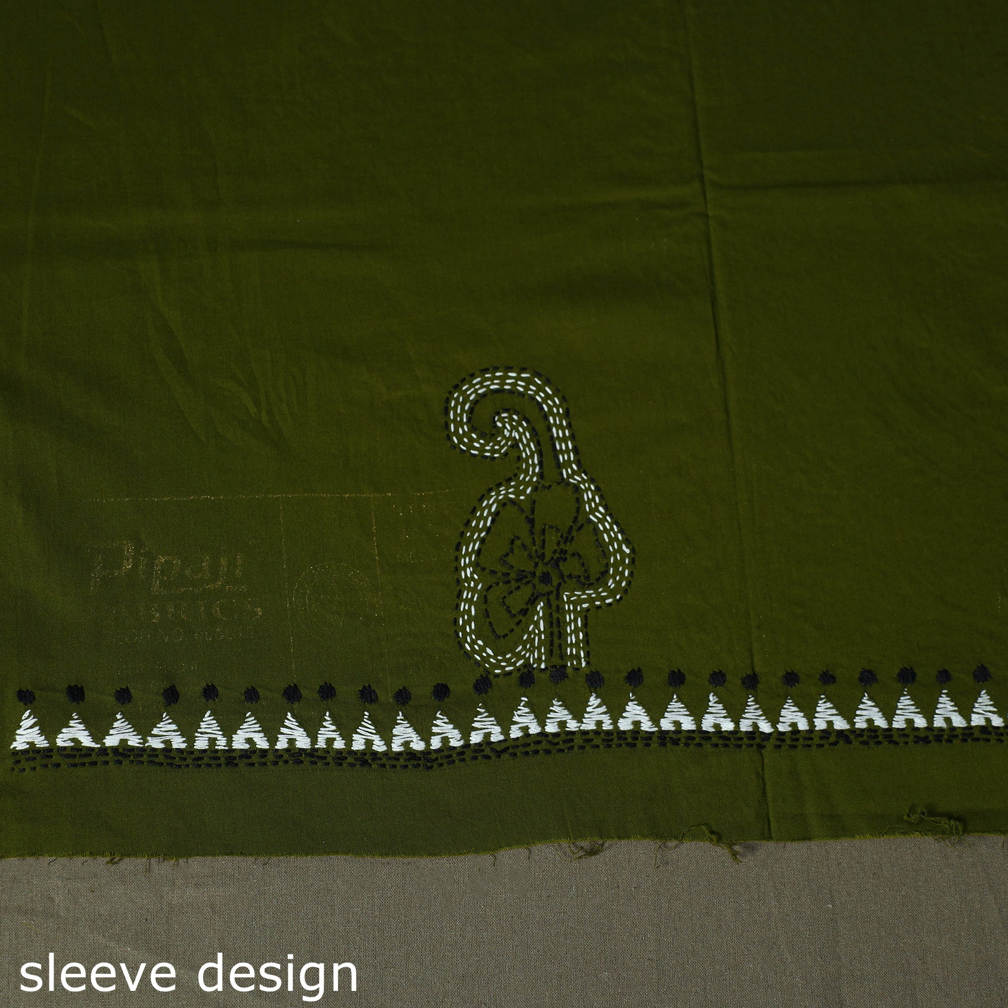 Green - Bengal Kantha Hand Embroidered Cotton Unstitched Kurta Material (2.5M) 06 - Image 4