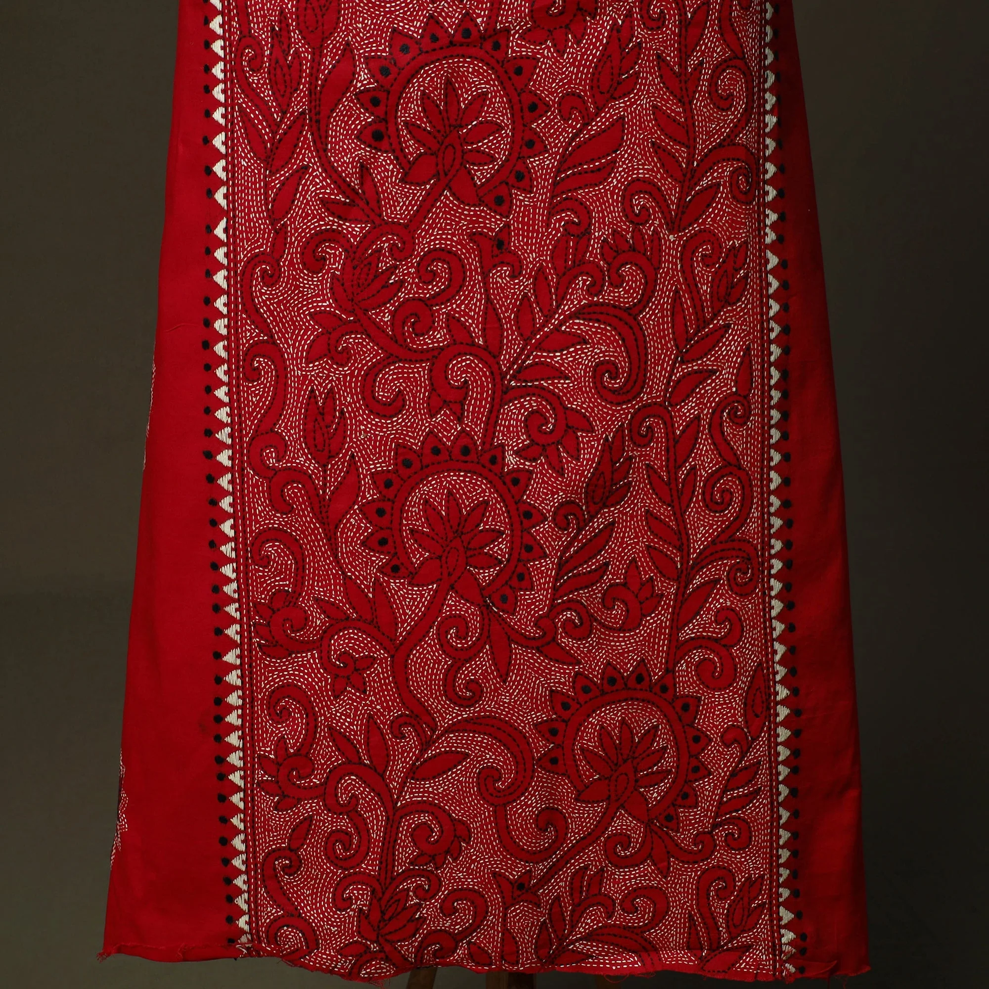 Red - Bengal Kantha Hand Embroidered Cotton Unstitched Kurta Material (2.5M) 11 - Image 3