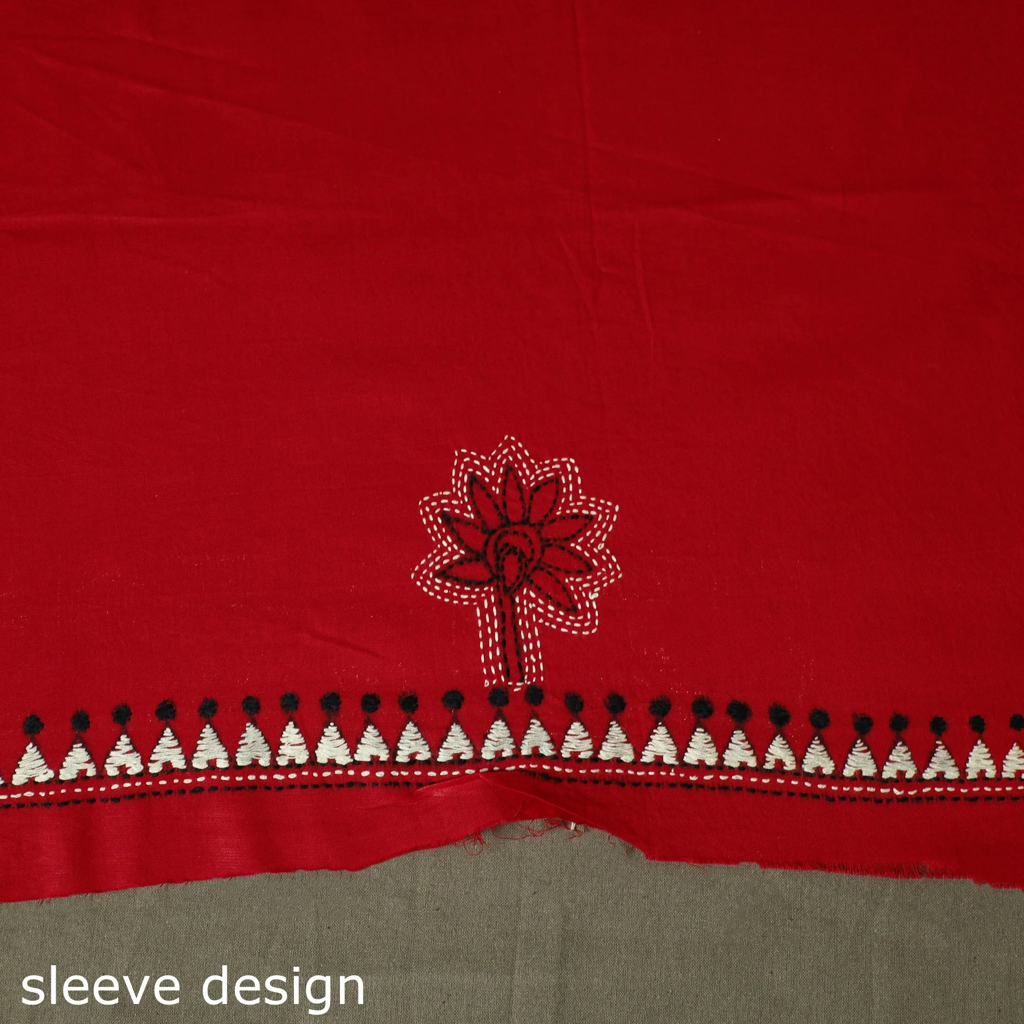 Red - Bengal Kantha Hand Embroidered Cotton Unstitched Kurta Material (2.5M) 11 - Image 4