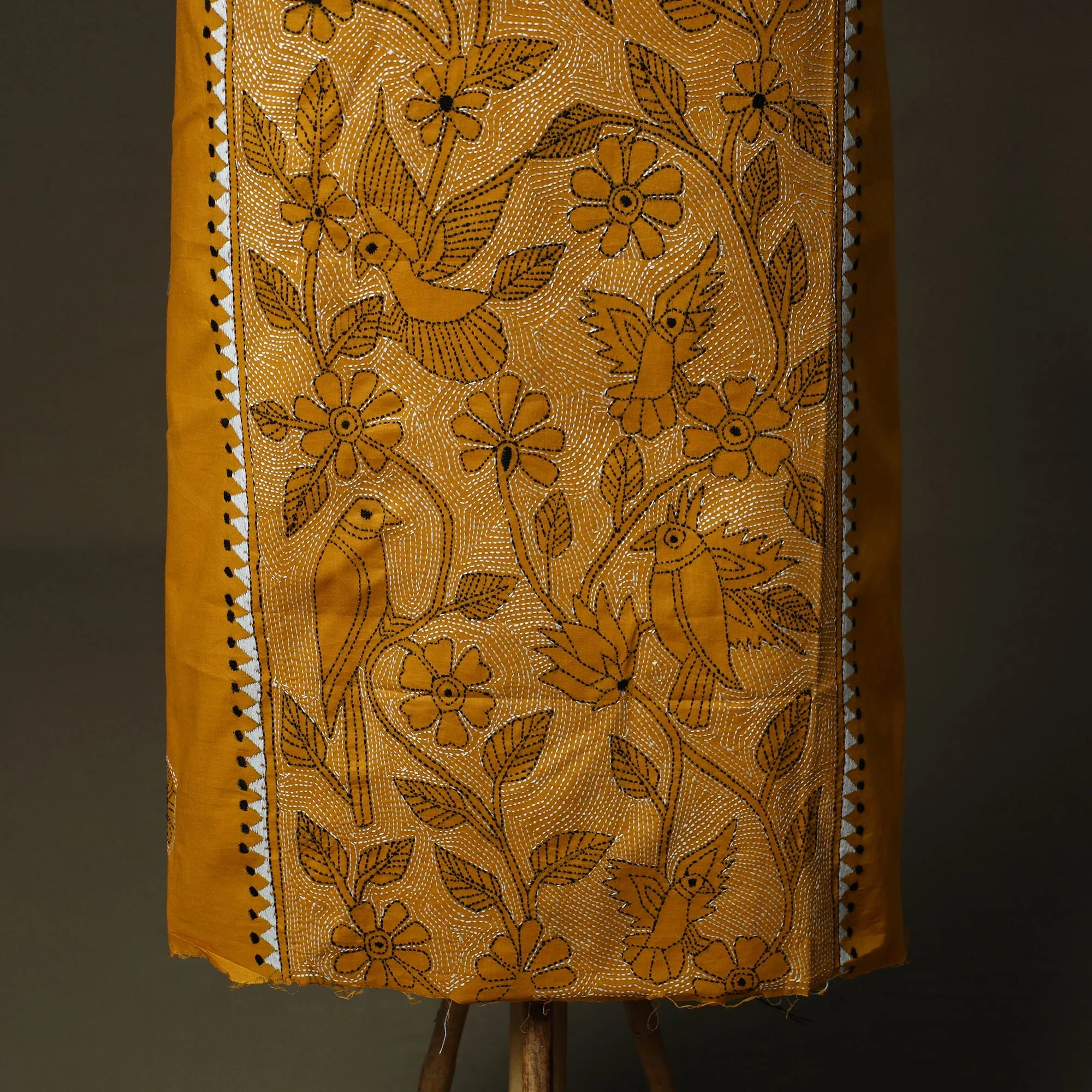 Yellow - Bengal Kantha Hand Embroidered Cotton Unstitched Kurta Material (2.5M) 12 - Image 3