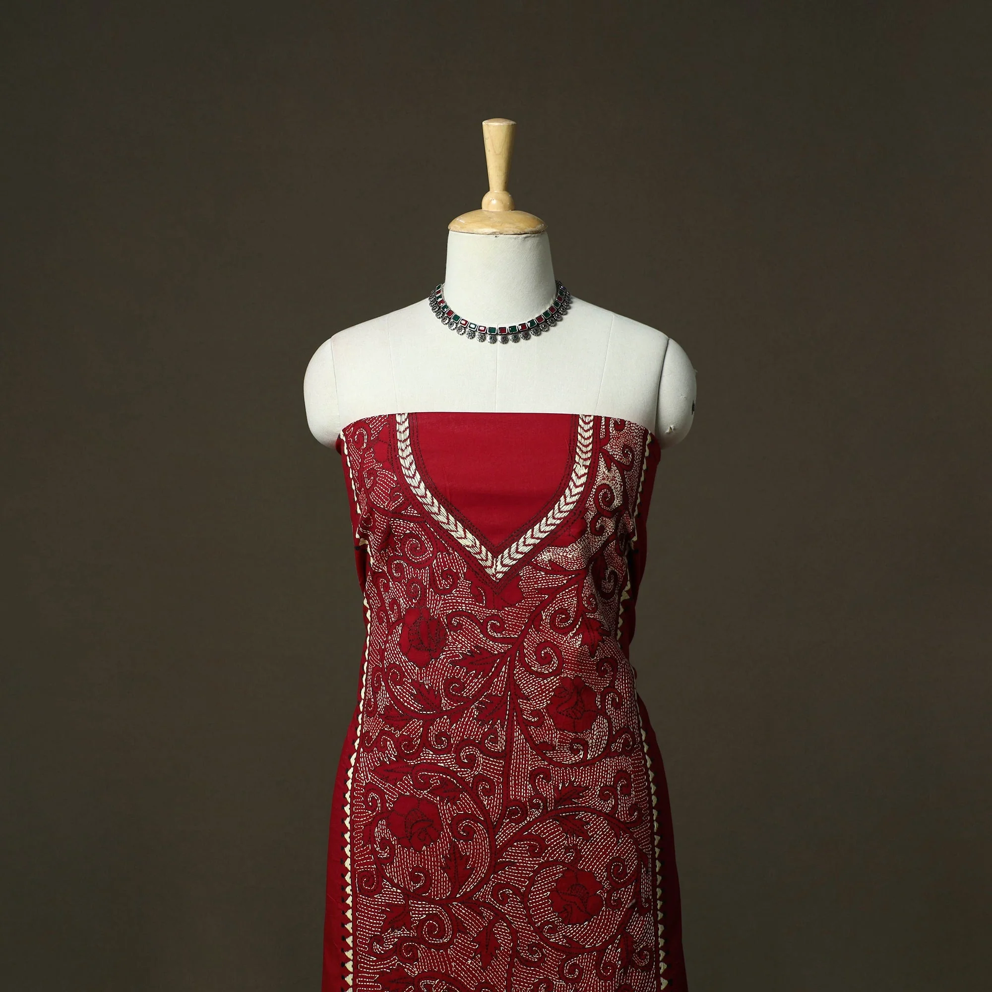 Red - Bengal Kantha Hand Embroidered Cotton Unstitched Kurta Material (2.5M) 13 - Image 2