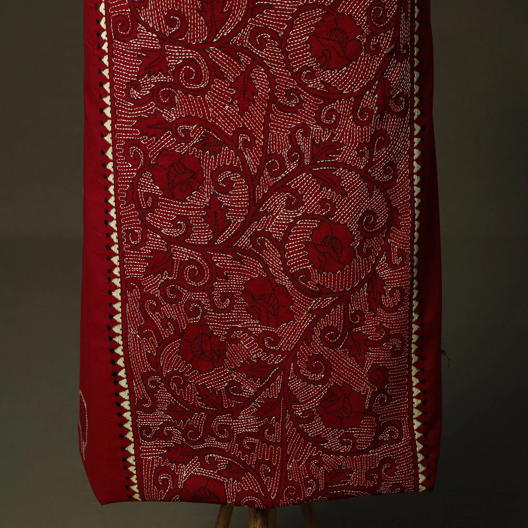 Red - Bengal Kantha Hand Embroidered Cotton Unstitched Kurta Material (2.5M) 13 - Image 3