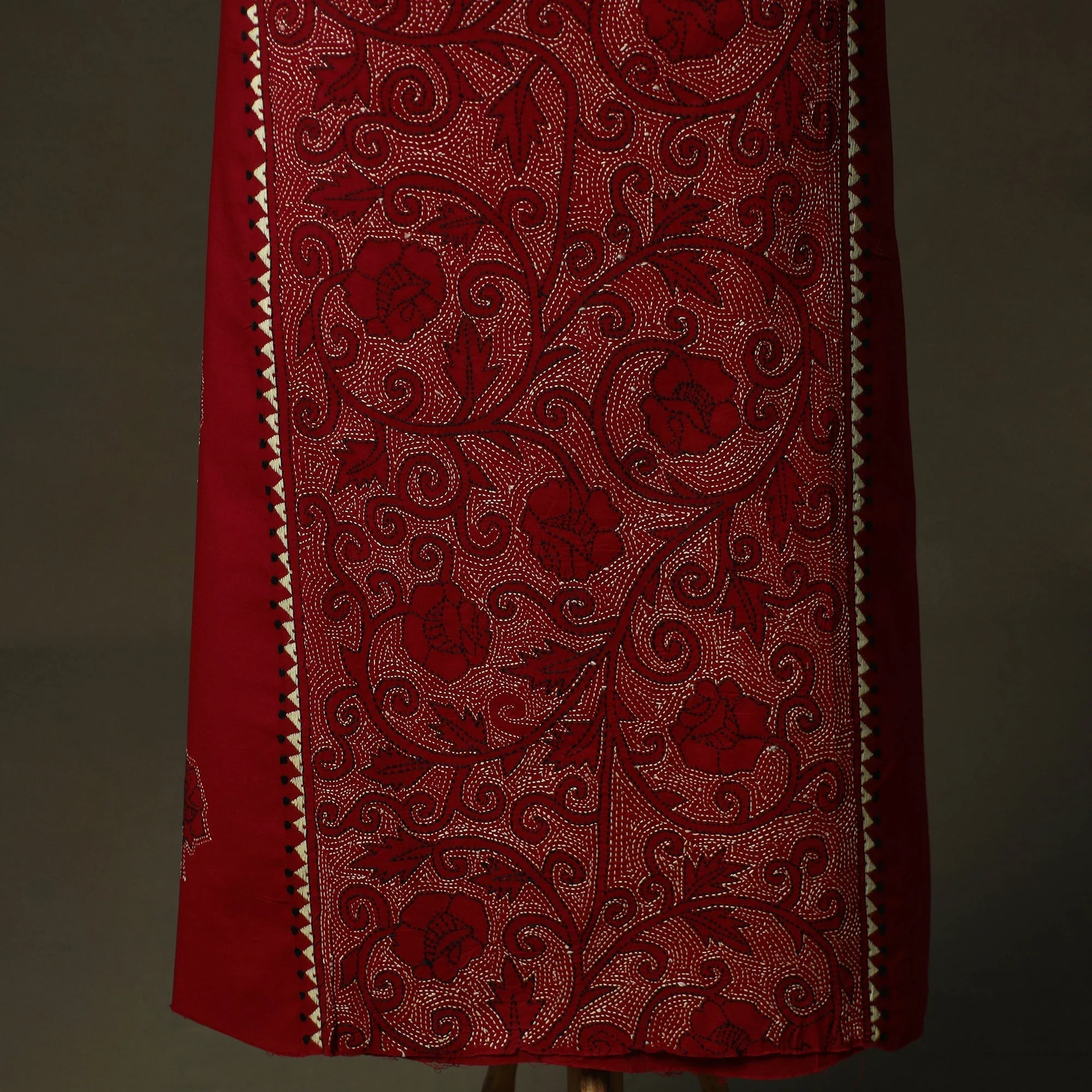 Red - Bengal Kantha Hand Embroidered Cotton Unstitched Kurta Material (2.5M) 17 - Image 3