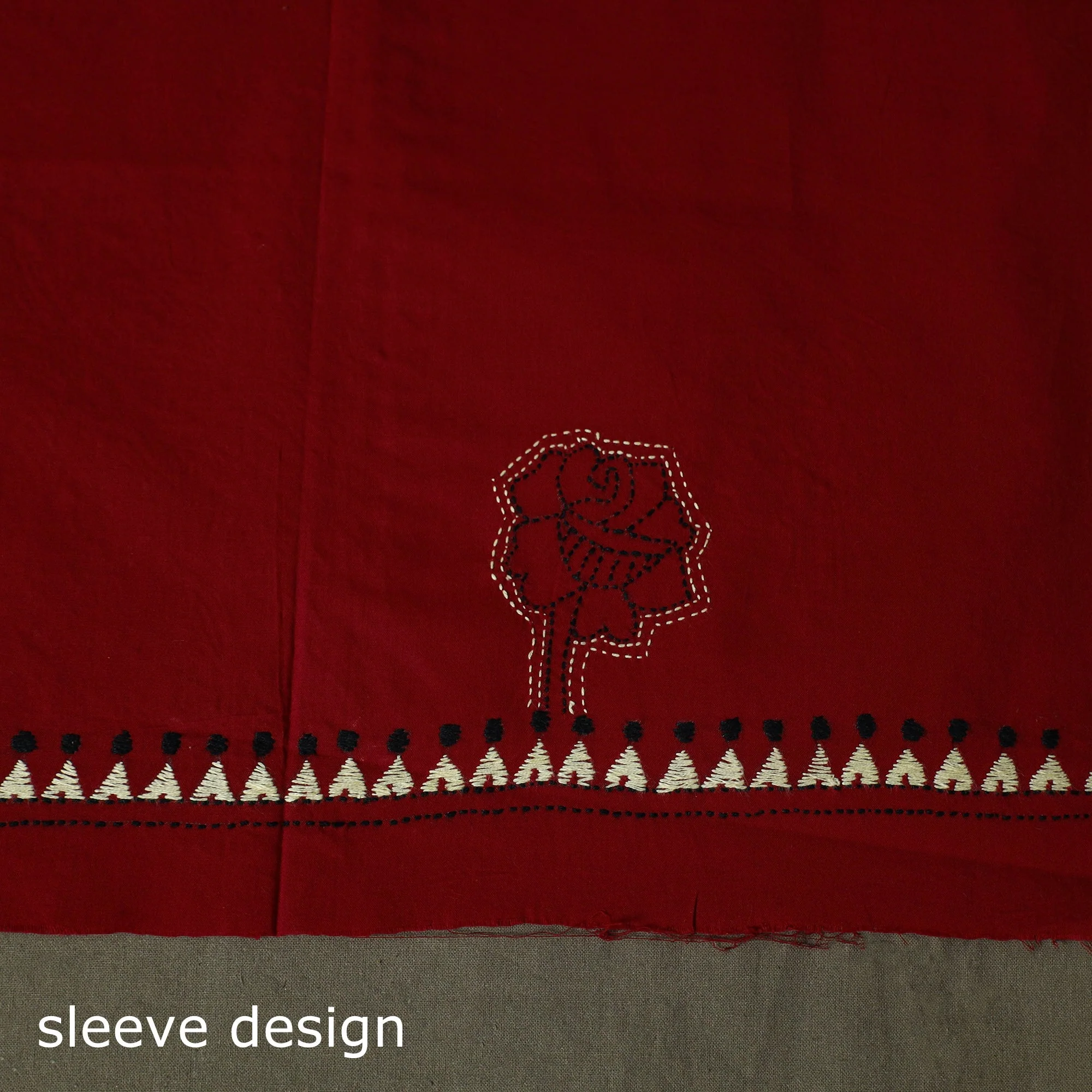Red - Bengal Kantha Hand Embroidered Cotton Unstitched Kurta Material (2.5M) 17 - Image 4