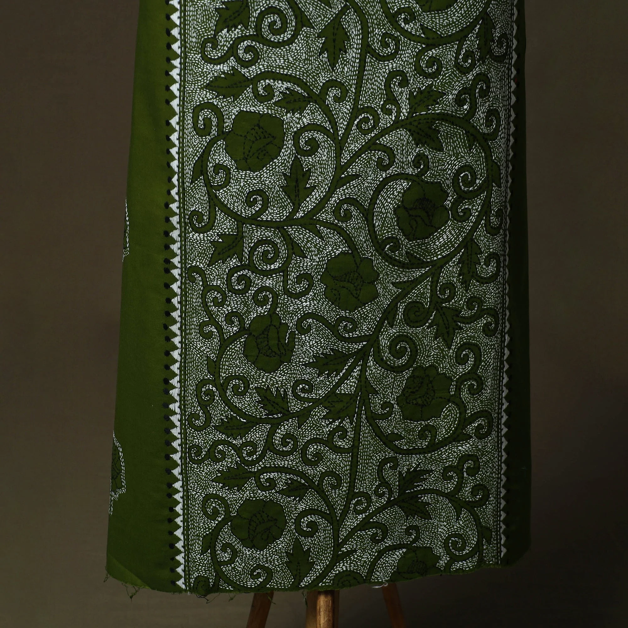 Green - Bengal Kantha Hand Embroidered Cotton Unstitched Kurta Material (2.5M) 18 - Image 3