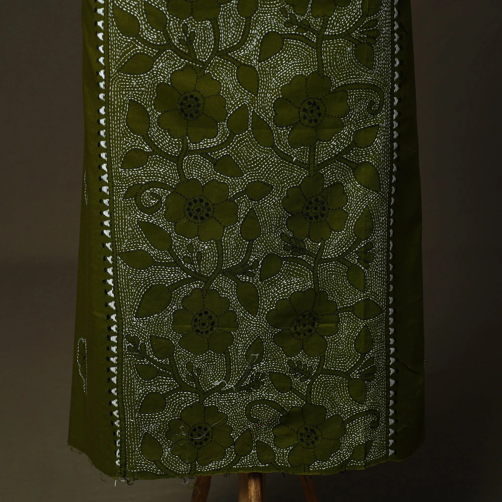 Green - Bengal Kantha Hand Embroidered Cotton Unstitched Kurta Material (2.5M) 19 - Image 3