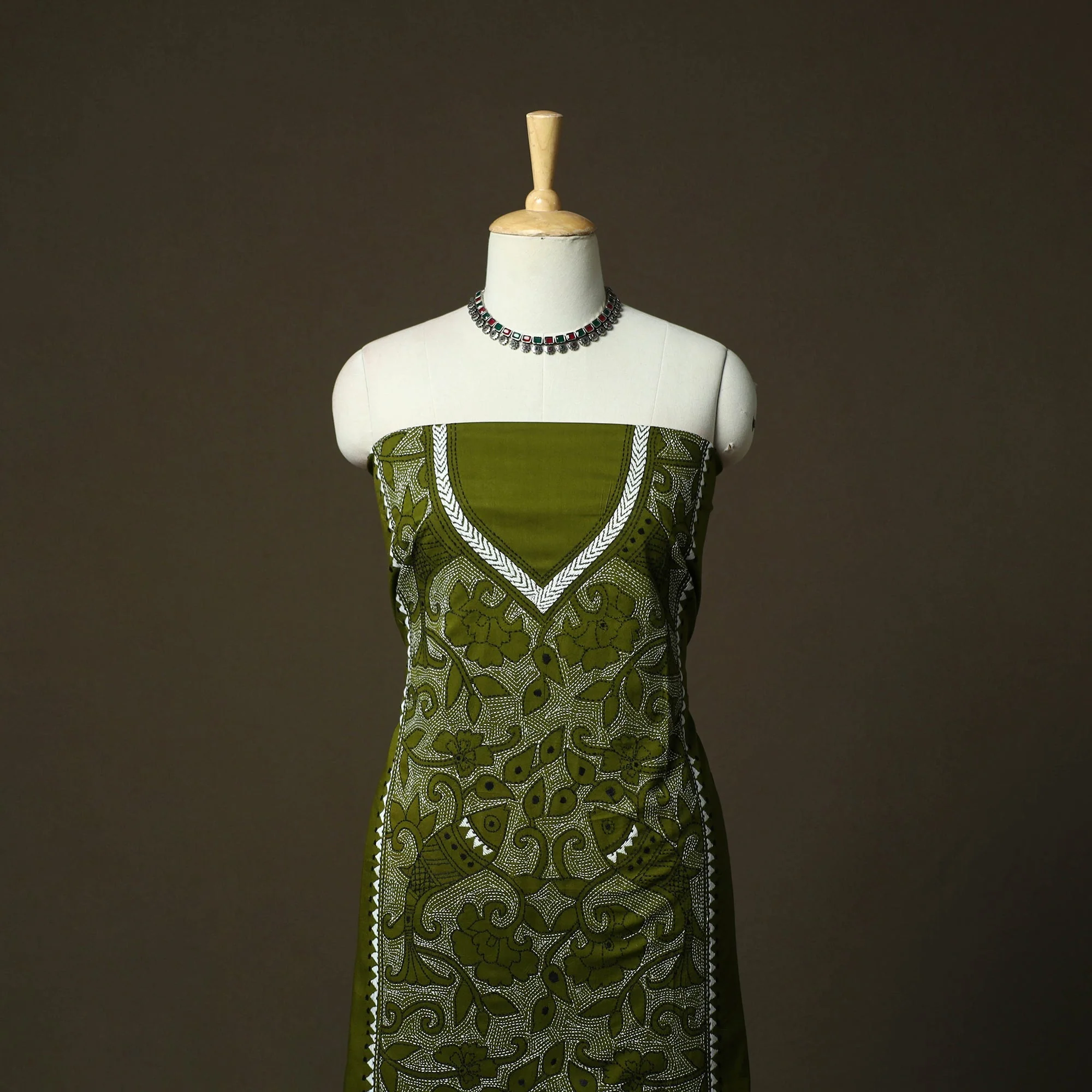 Green - Bengal Kantha Hand Embroidered Cotton Unstitched Kurta Material (2.5M) 27 - Image 2
