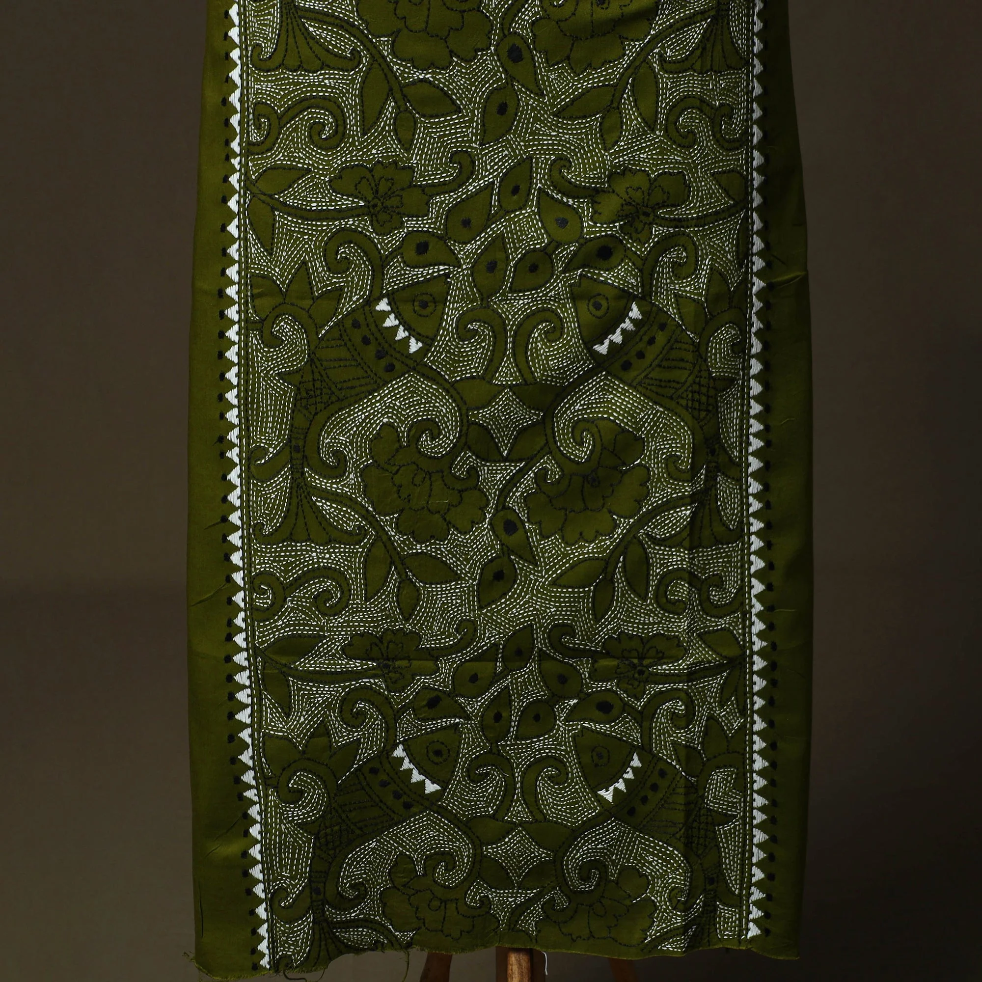 Green - Bengal Kantha Hand Embroidered Cotton Unstitched Kurta Material (2.5M) 27 - Image 3