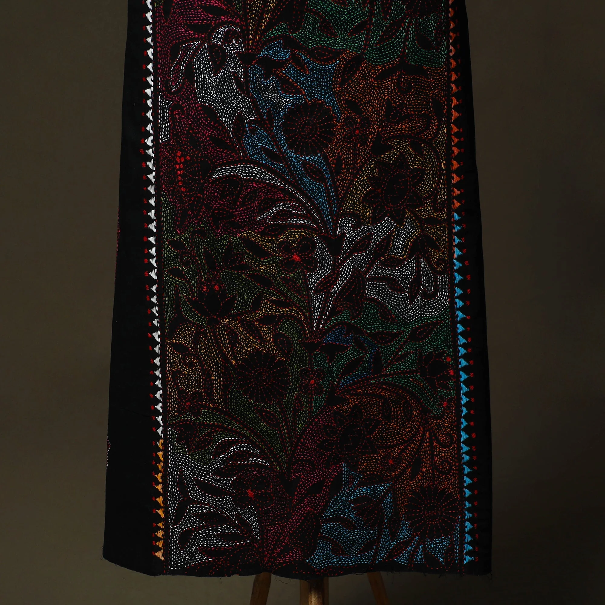 Black - Bengal Kantha Hand Embroidered Cotton Unstitched Kurta Material (2.5M) 28 - Image 3