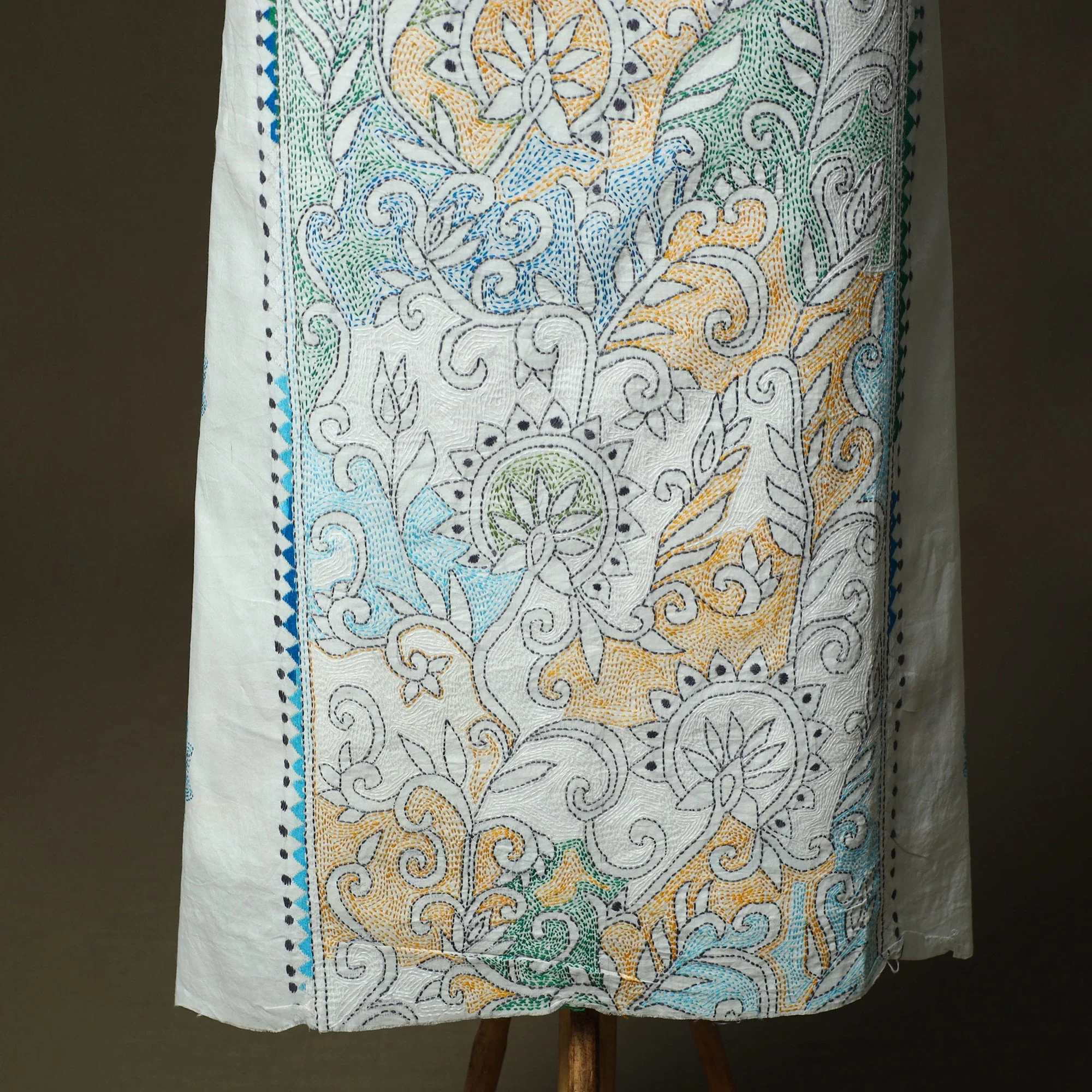 White - Bengal Kantha Hand Embroidered Cotton Unstitched Kurta Material (2.5M) 29 - Image 3