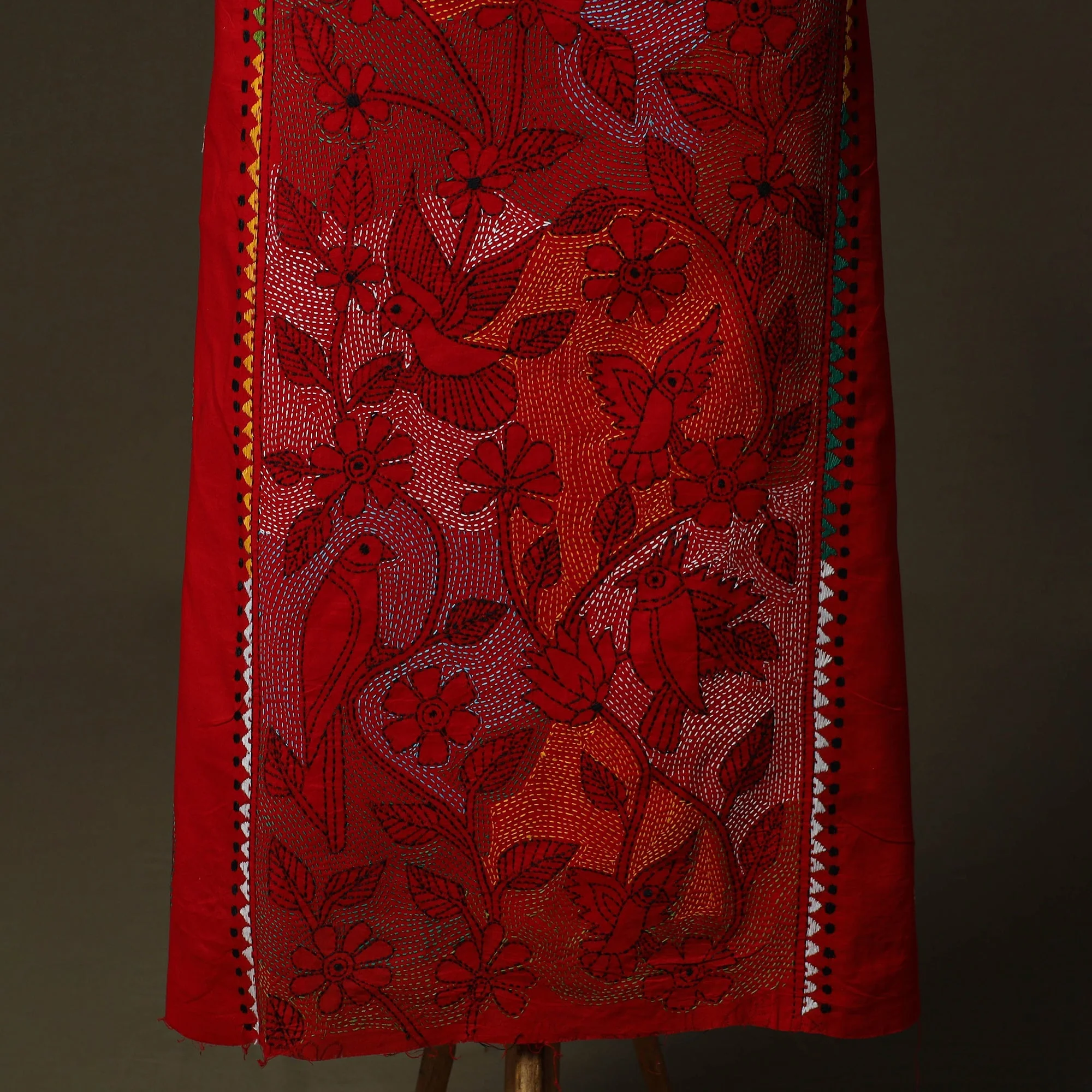 Red - Bengal Kantha Hand Embroidered Cotton Unstitched Kurta Material (2.5M) 31 - Image 3