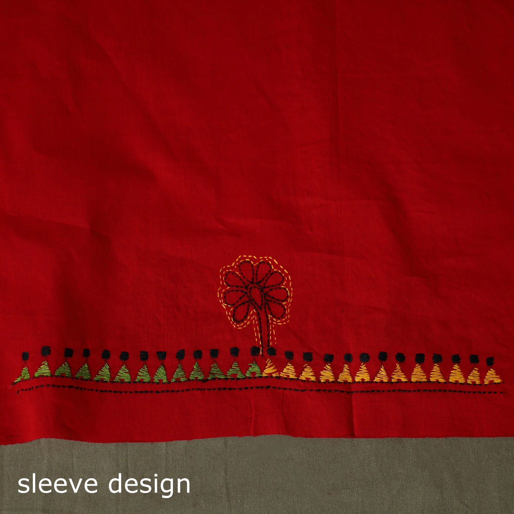 Red - Bengal Kantha Hand Embroidered Cotton Unstitched Kurta Material (2.5M) 31 - Image 4