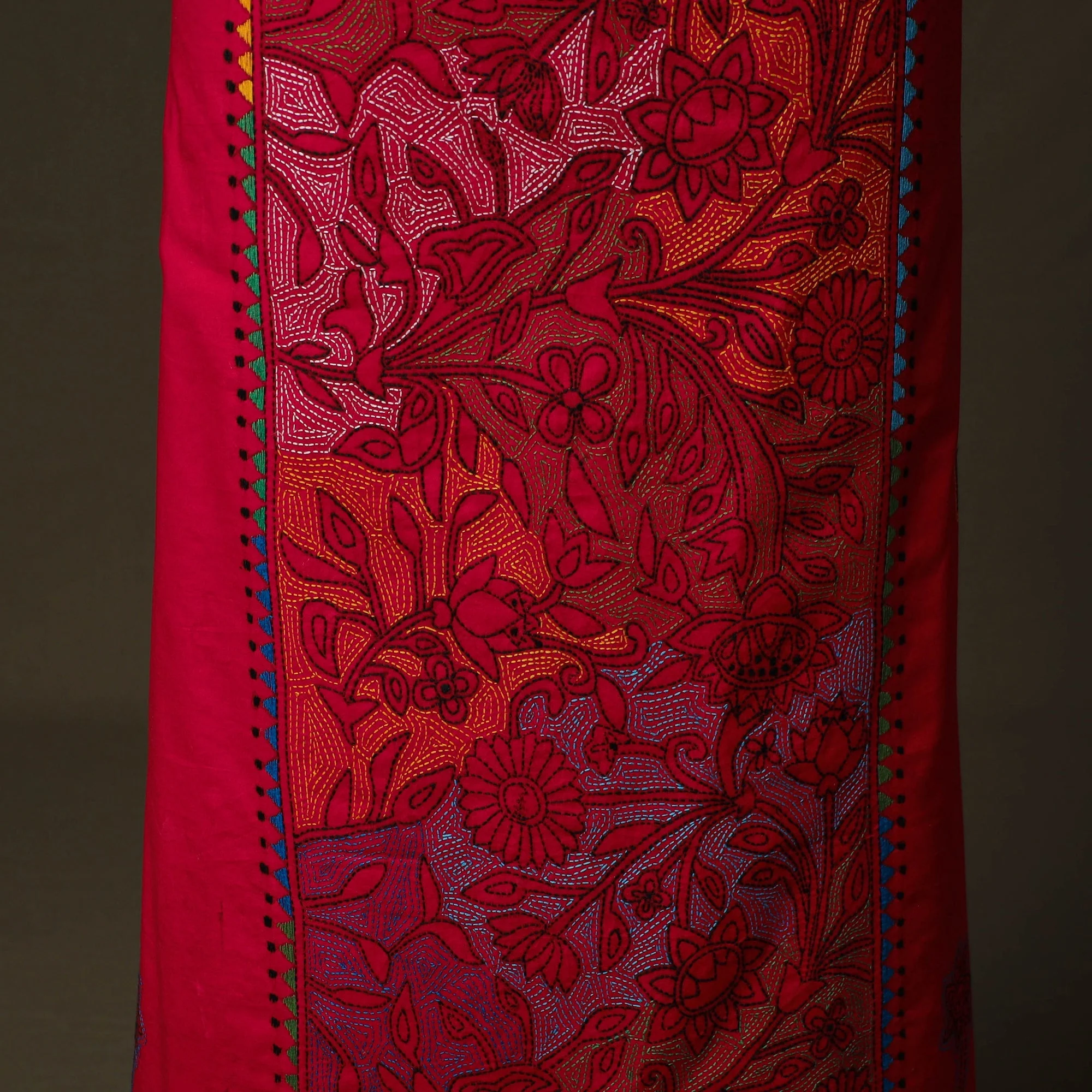 Red - Bengal Kantha Hand Embroidered Cotton Unstitched Kurta Material (2.5M) 54 - Image 3