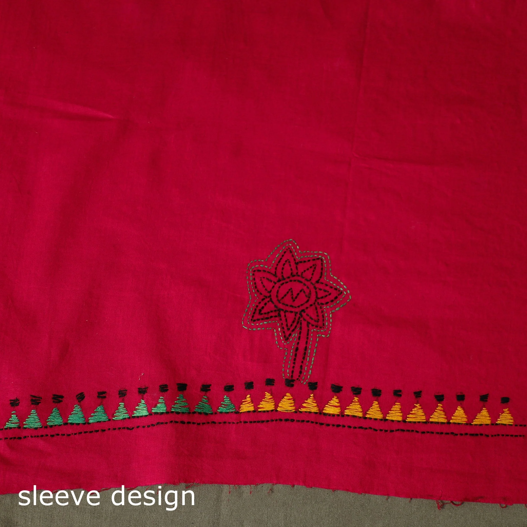 Red - Bengal Kantha Hand Embroidered Cotton Unstitched Kurta Material (2.5M) 54 - Image 4