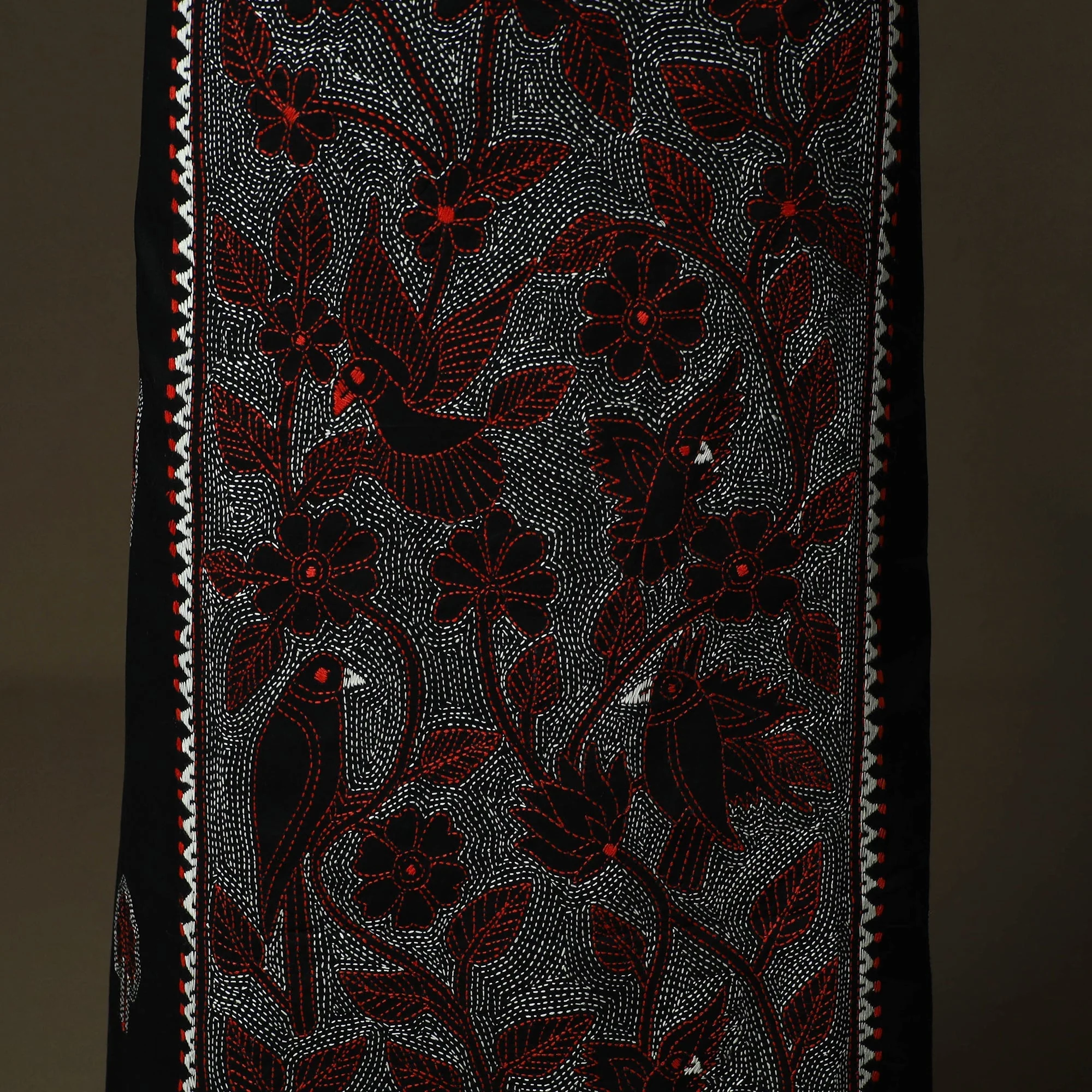 Black - Bengal Kantha Hand Embroidered Cotton Unstitched Kurta Material (2.5M) 55 - Image 3