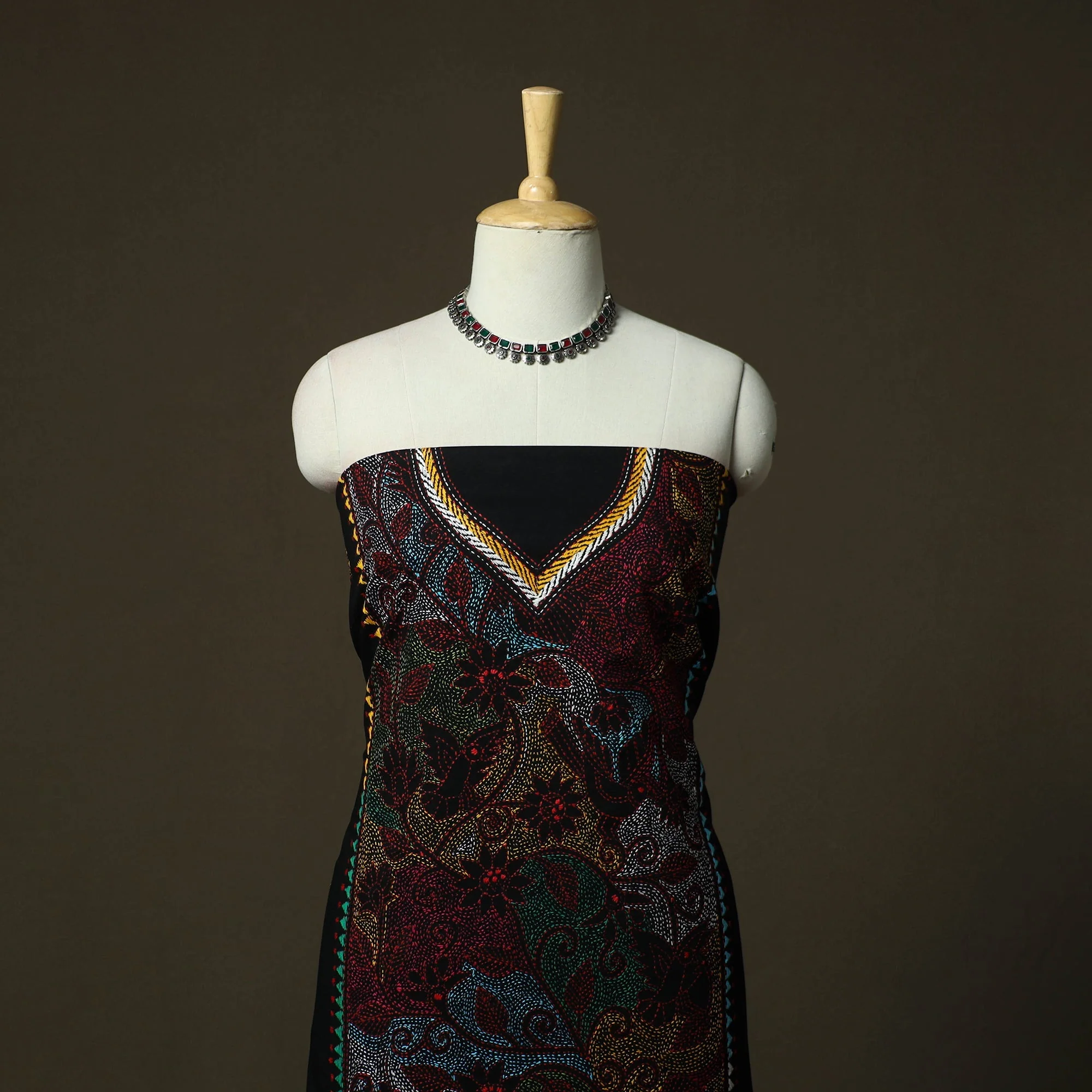 Black - Bengal Kantha Hand Embroidered Cotton Unstitched Kurta Material (2.5M) 56 - Image 2