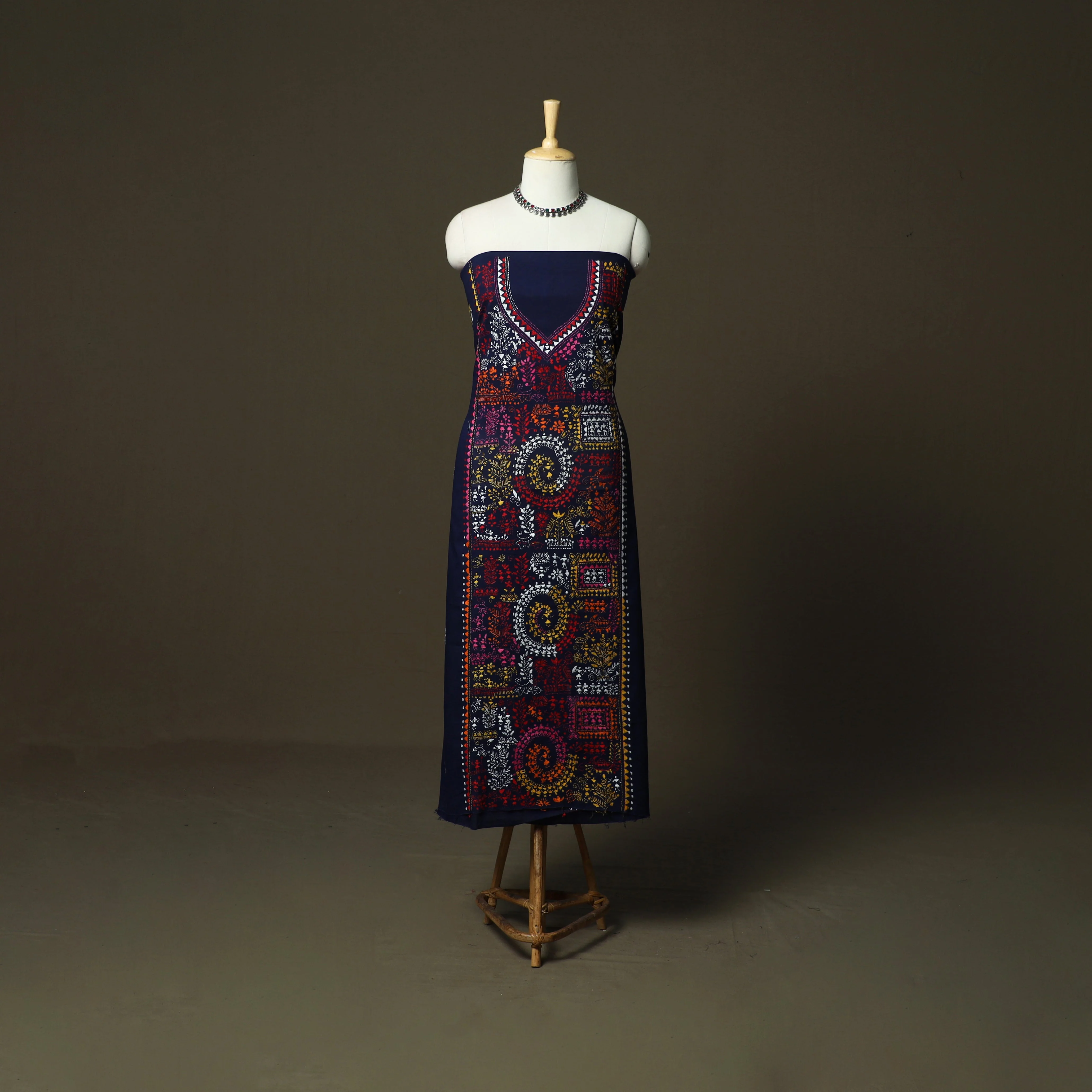 Blue - Bengal Kantha Hand Embroidered Cotton Unstitched Kurta Material (2.7M) 11