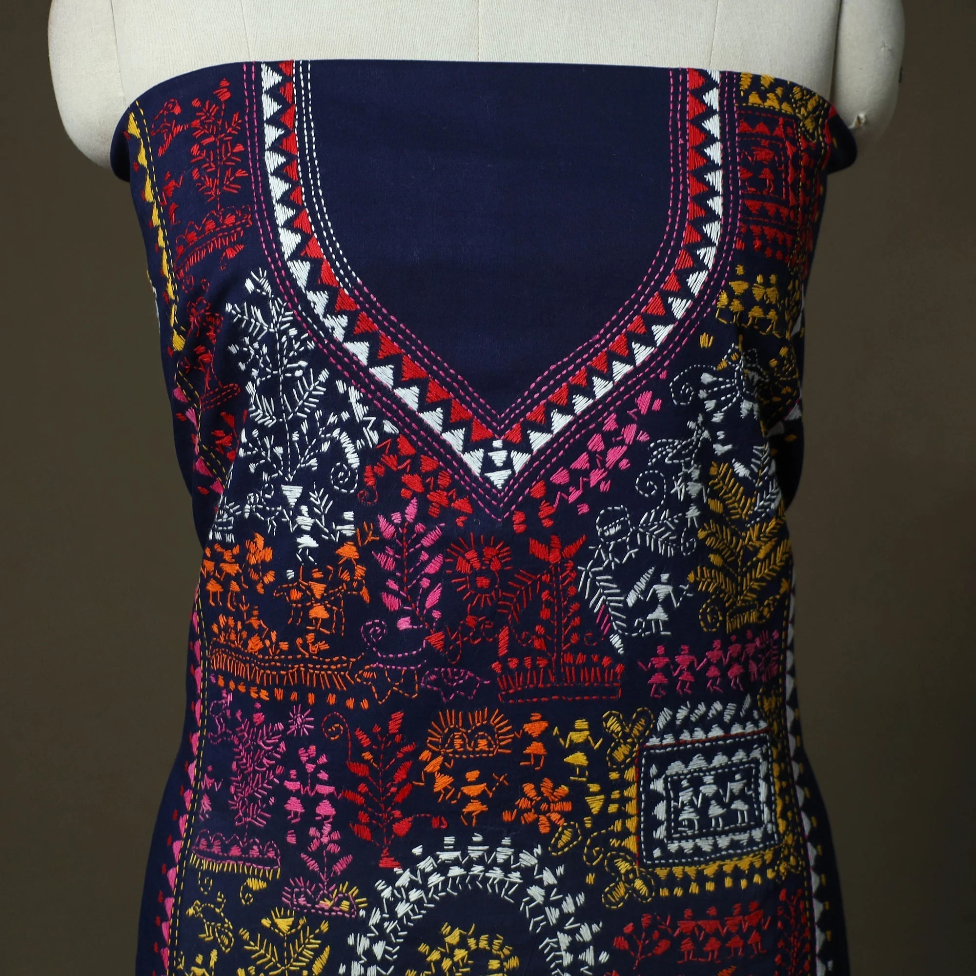 Blue - Bengal Kantha Hand Embroidered Cotton Unstitched Kurta Material (2.7M) 11 - Image 3