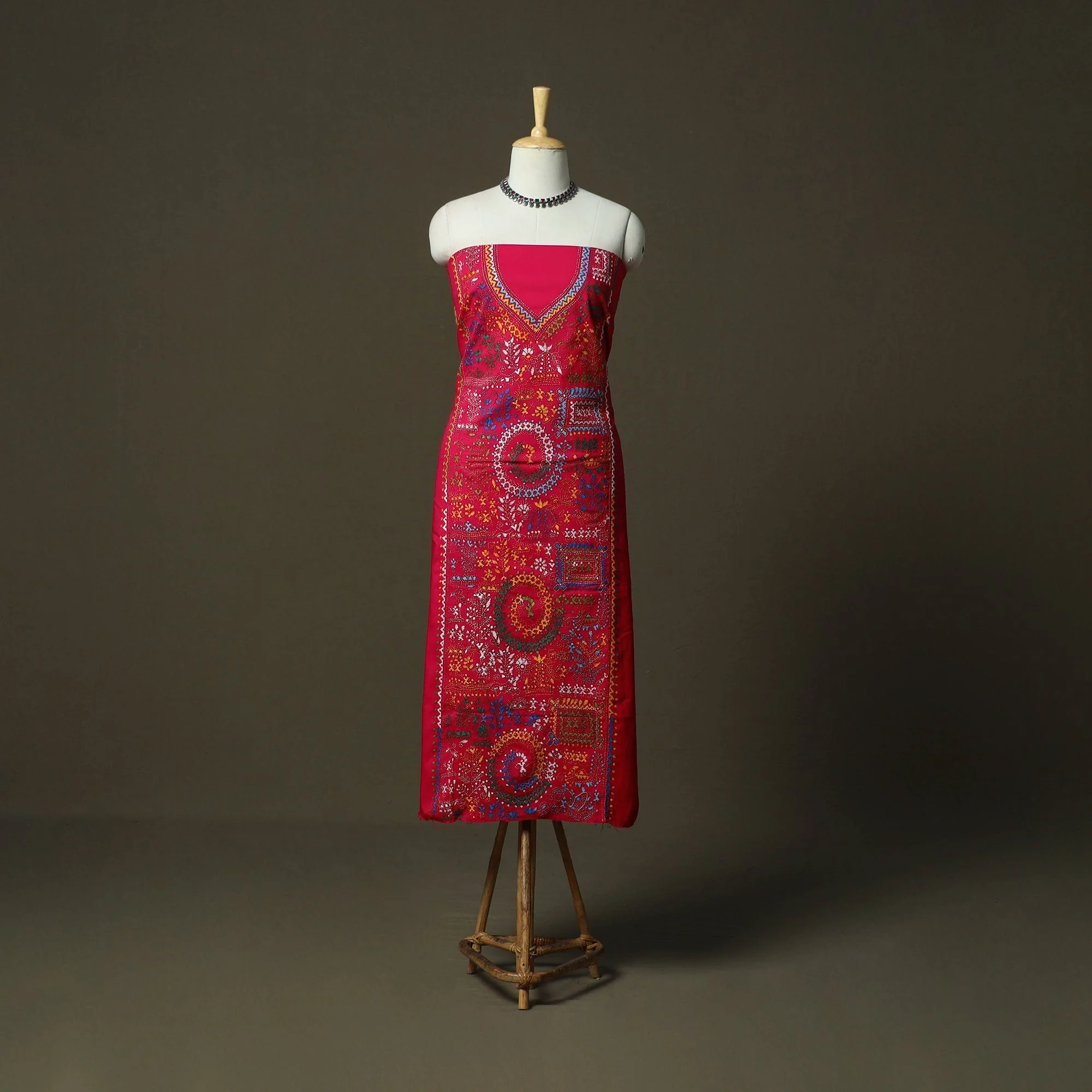 Pink - Bengal Kantha Hand Embroidered Cotton Unstitched Kurta Material (2.7M) 12