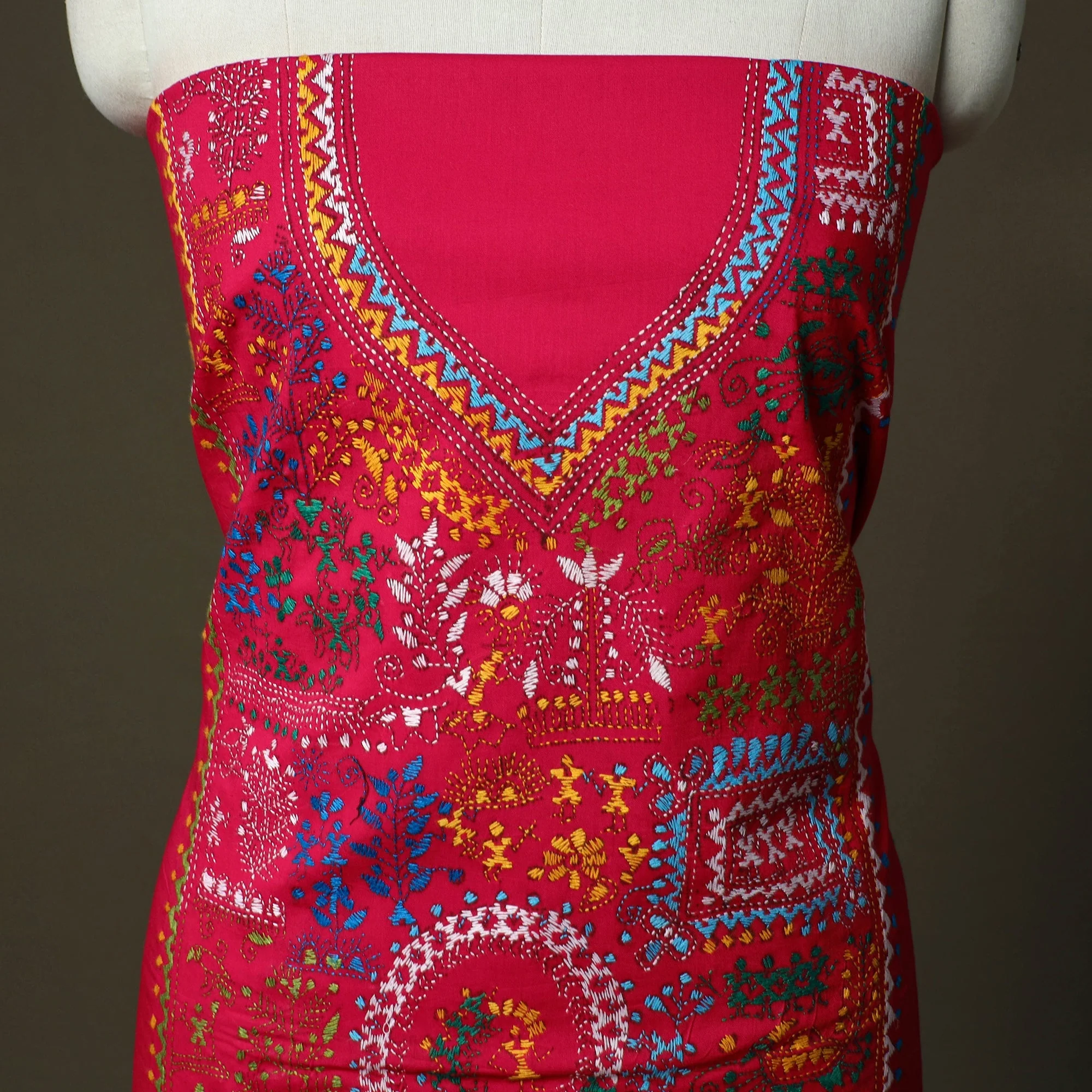 Pink - Bengal Kantha Hand Embroidered Cotton Unstitched Kurta Material (2.7M) 12 - Image 3
