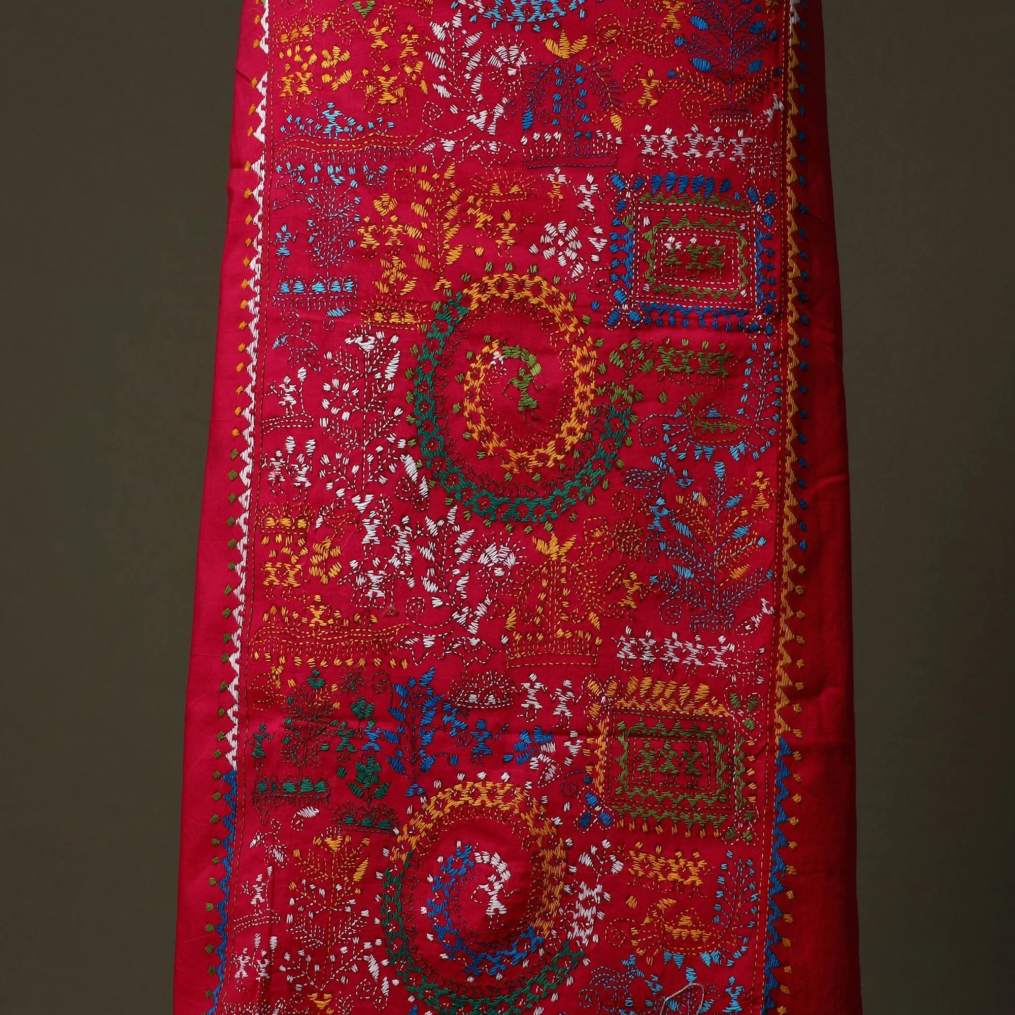 Pink - Bengal Kantha Hand Embroidered Cotton Unstitched Kurta Material (2.7M) 12 - Image 4
