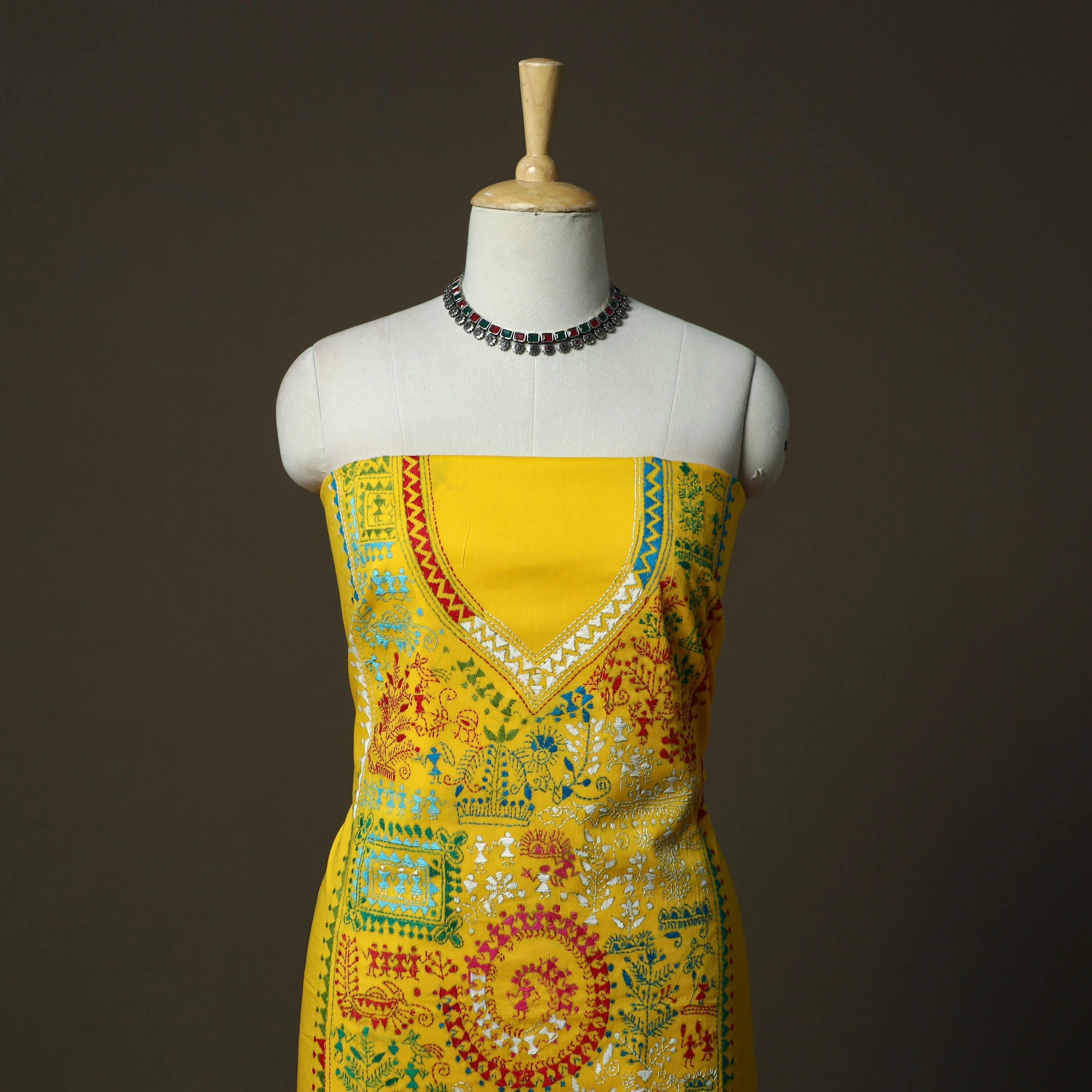 Yellow - Bengal Kantha Hand Embroidered Cotton Unstitched Kurta Material (2.7M) 13 - Image 2