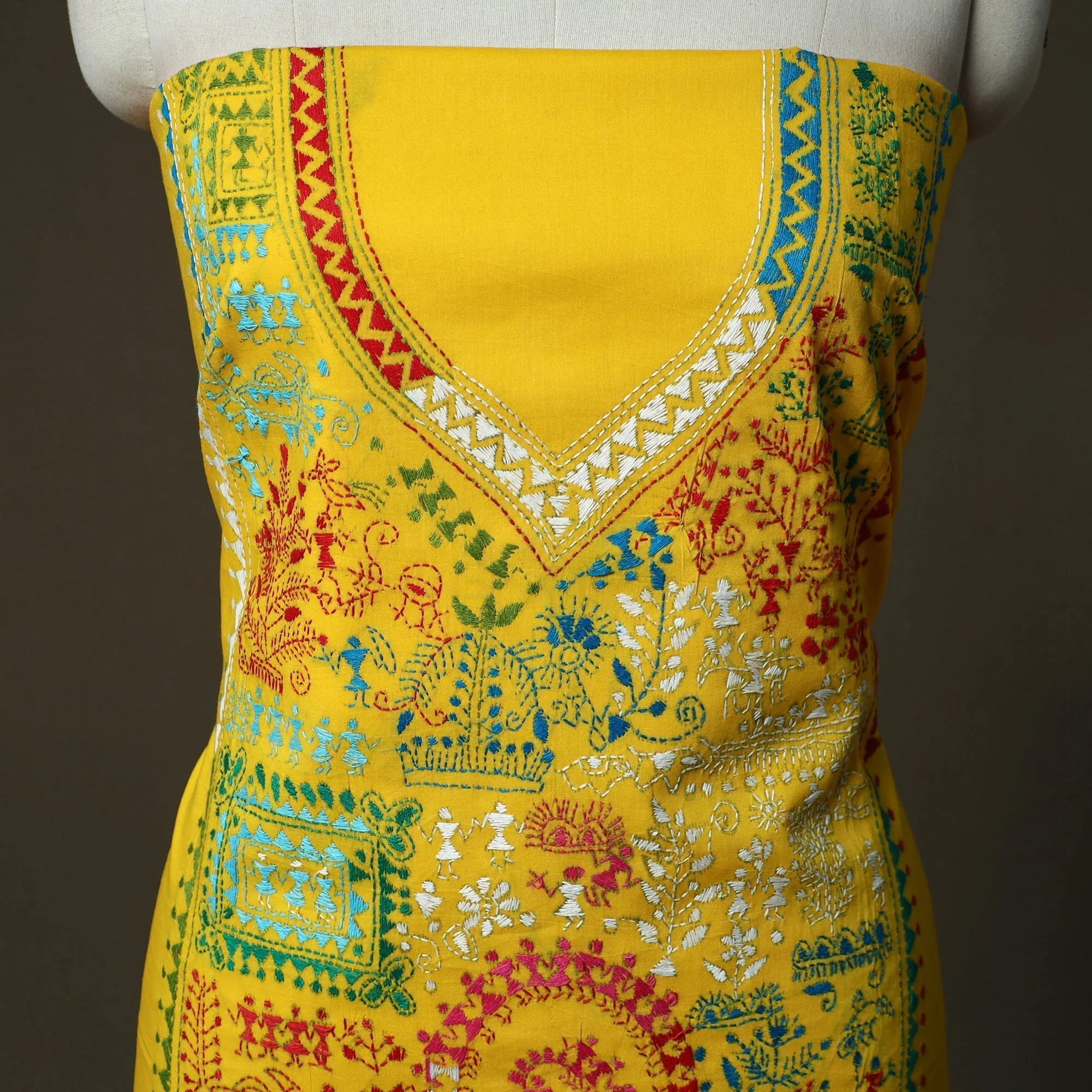 Yellow - Bengal Kantha Hand Embroidered Cotton Unstitched Kurta Material (2.7M) 13 - Image 3