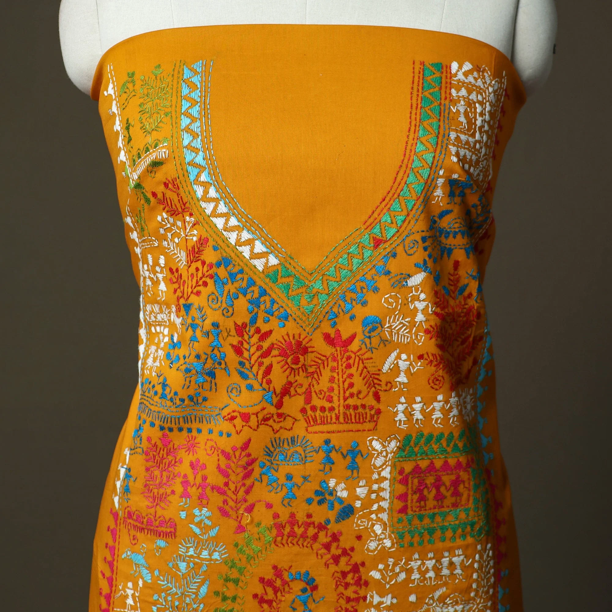 Yellow - Bengal Kantha Hand Embroidered Cotton Unstitched Kurta Material (2.7M) 15 - Image 3